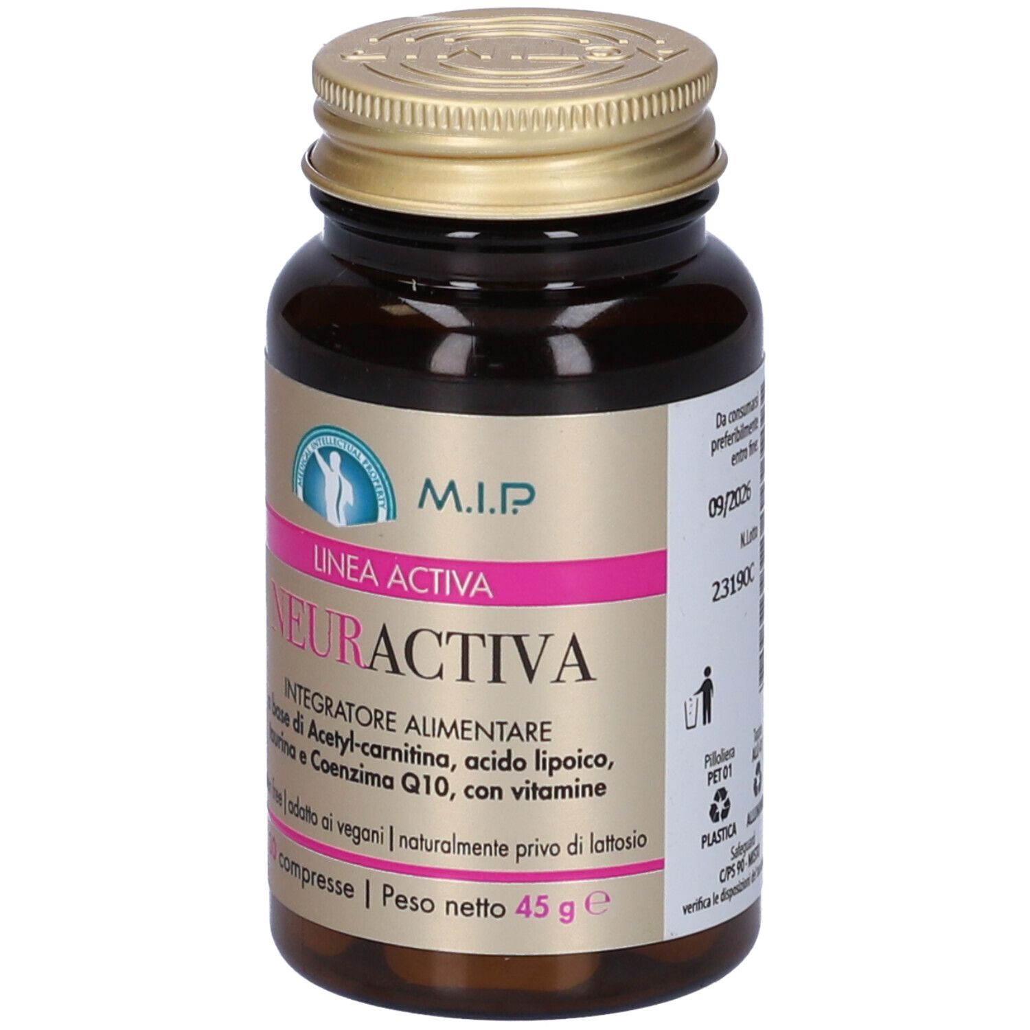 Flacone marrone, tappo dorato. Etichetta con dettagli rosa. Scritta: Neuractiva, 30 compresse, 45 g.