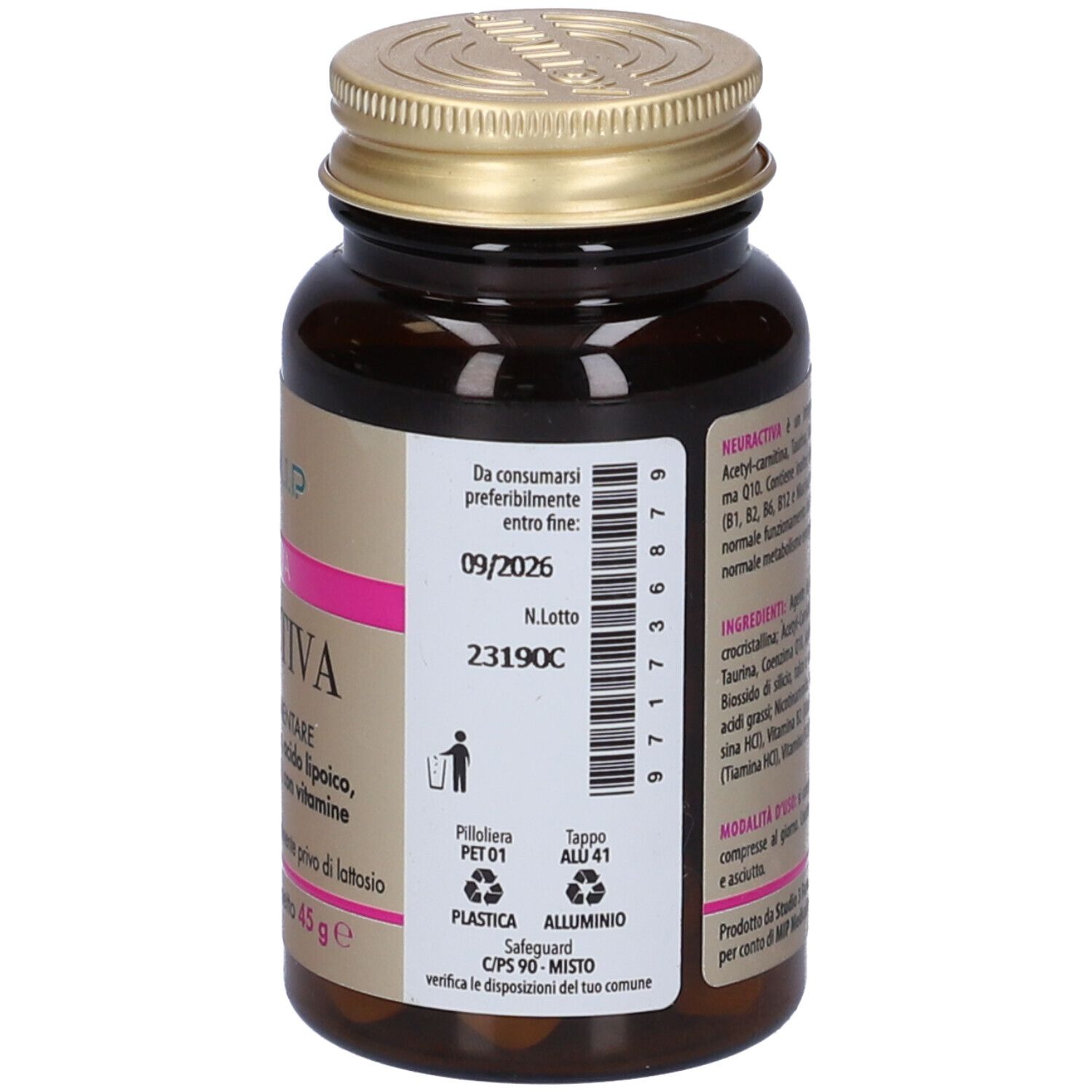 Flacone marrone, tappo dorato. Retro con data di scadenza e ingredienti. Testo in italiano.