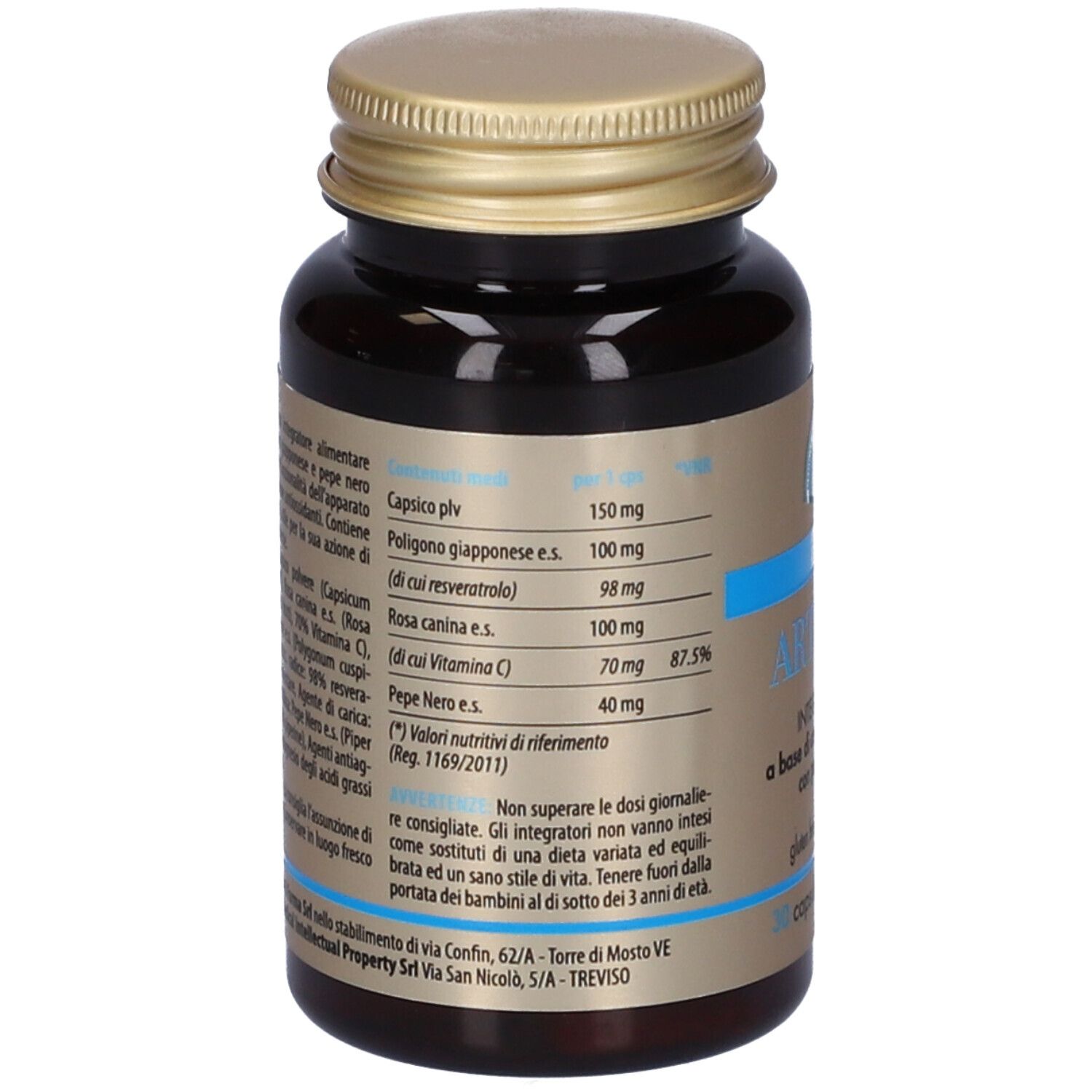 Retro del flacone. Elenco ingredienti e valori nutrizionali. Scritte blu e oro.