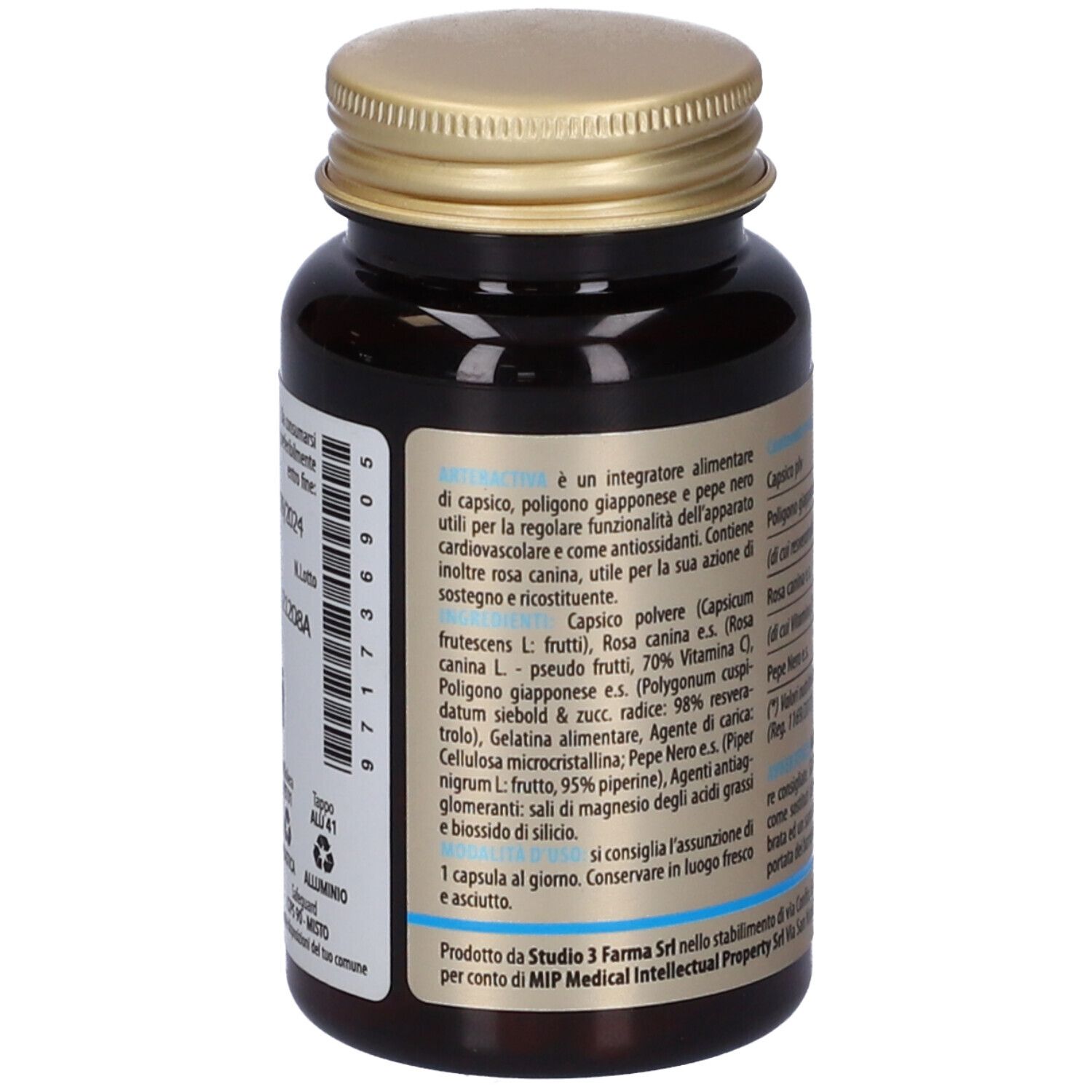 Retro del flacone. Testo sugli ingredienti e l'uso. Scritte oro e blu.