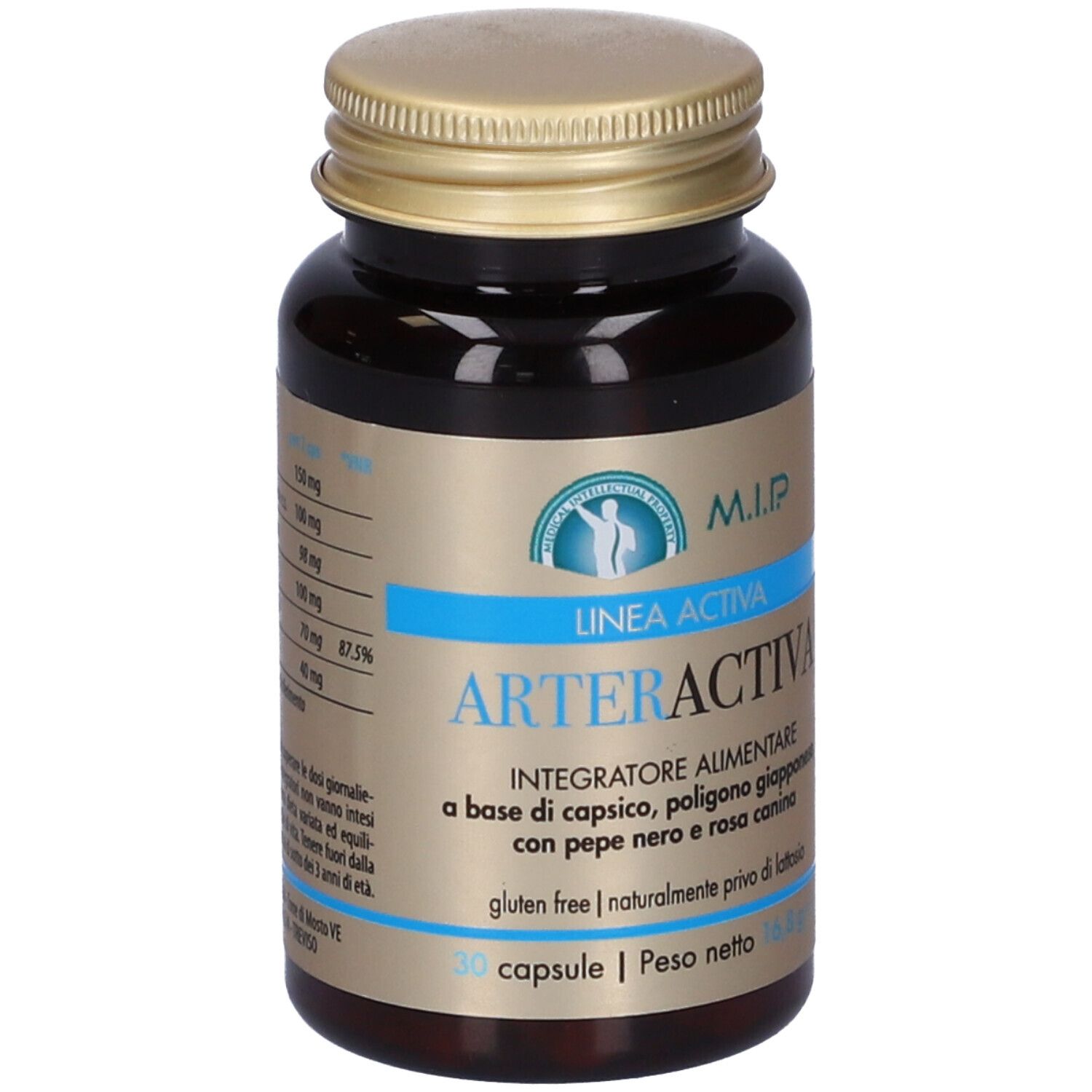 Flacone marrone con tappo dorato. Scritta: Arteractiva, 30 capsule. Senza glutine.