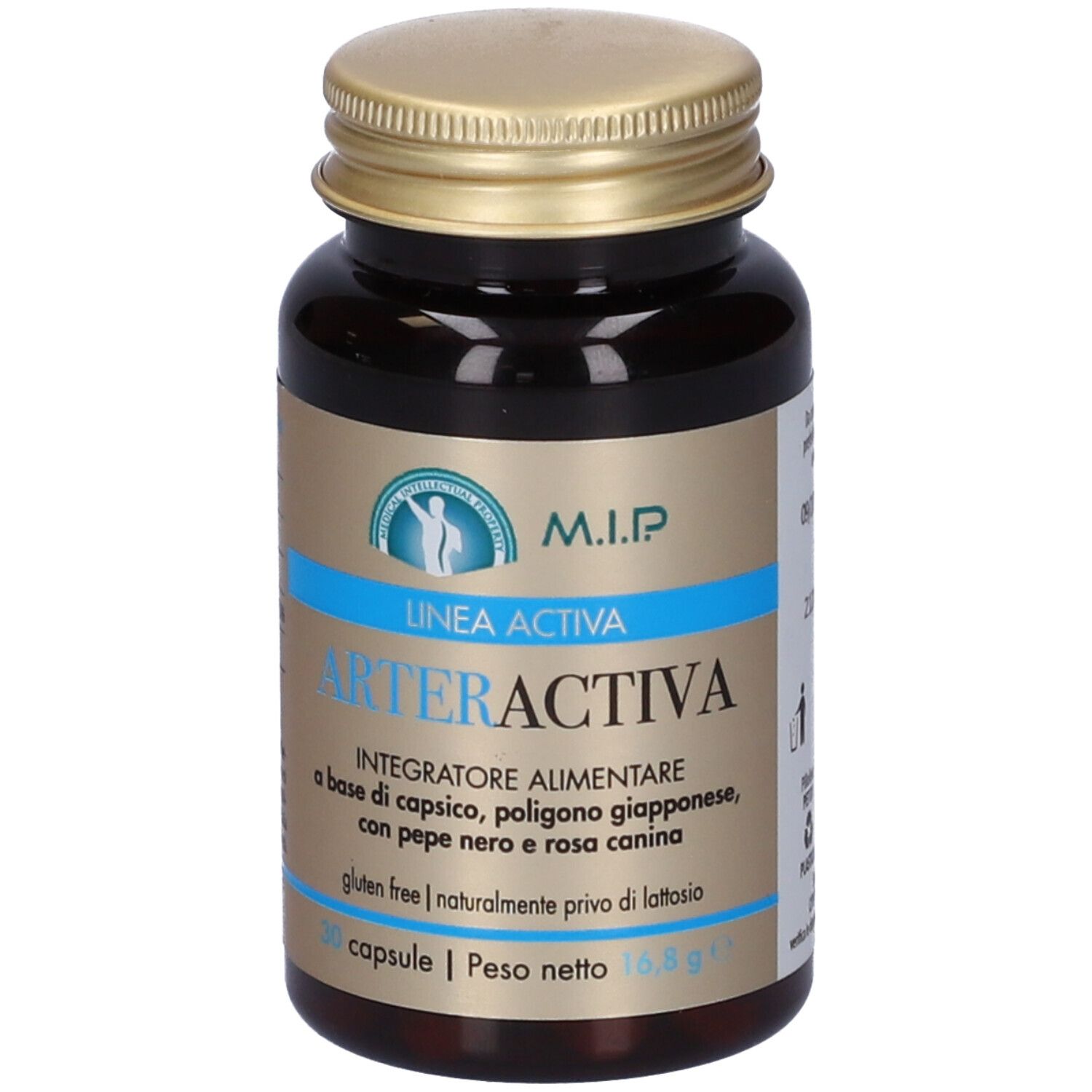 Flacone marrone con tappo dorato. Scritta: Arteractiva, 30 capsule. Senza glutine.