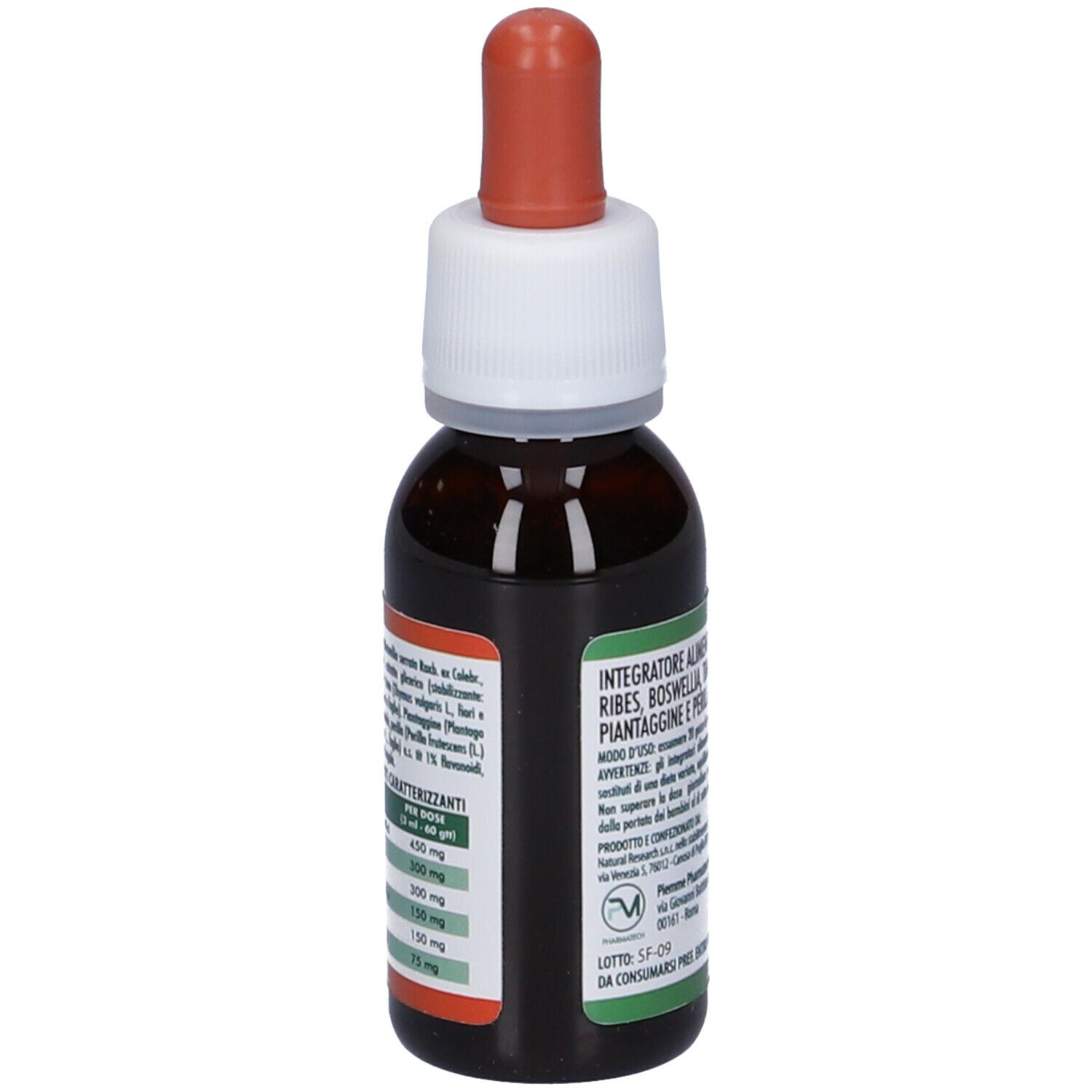 Flacone di vetro marrone con tappo bianco e contagocce rosso. Etichetta con ingredienti e informazioni nutrizionali. Nome del prodotto non visibile.