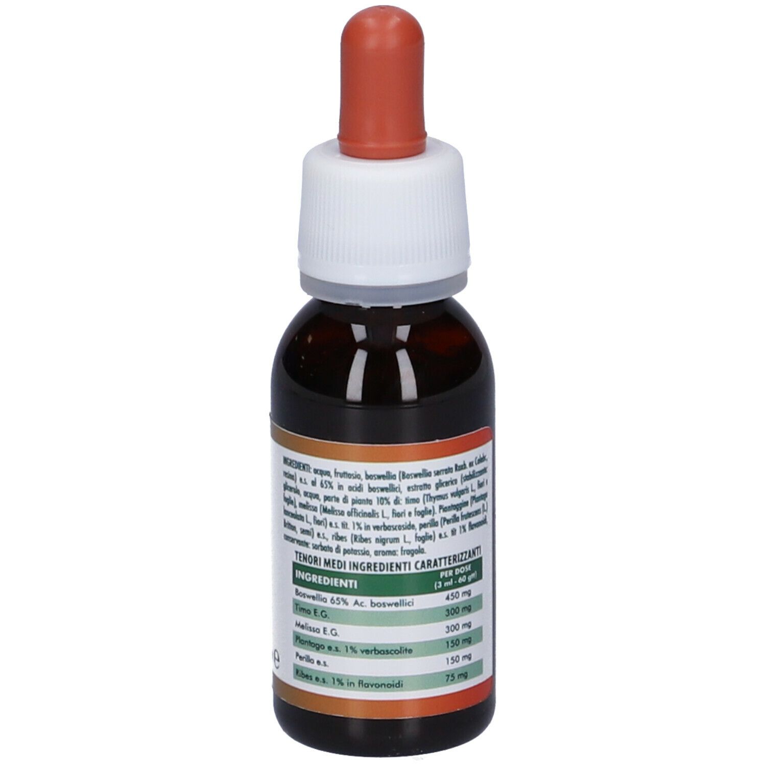 Flacone di vetro marrone con tappo bianco e contagocce rosso. Etichetta con ingredienti e informazioni nutrizionali. Nome del prodotto non visibile.