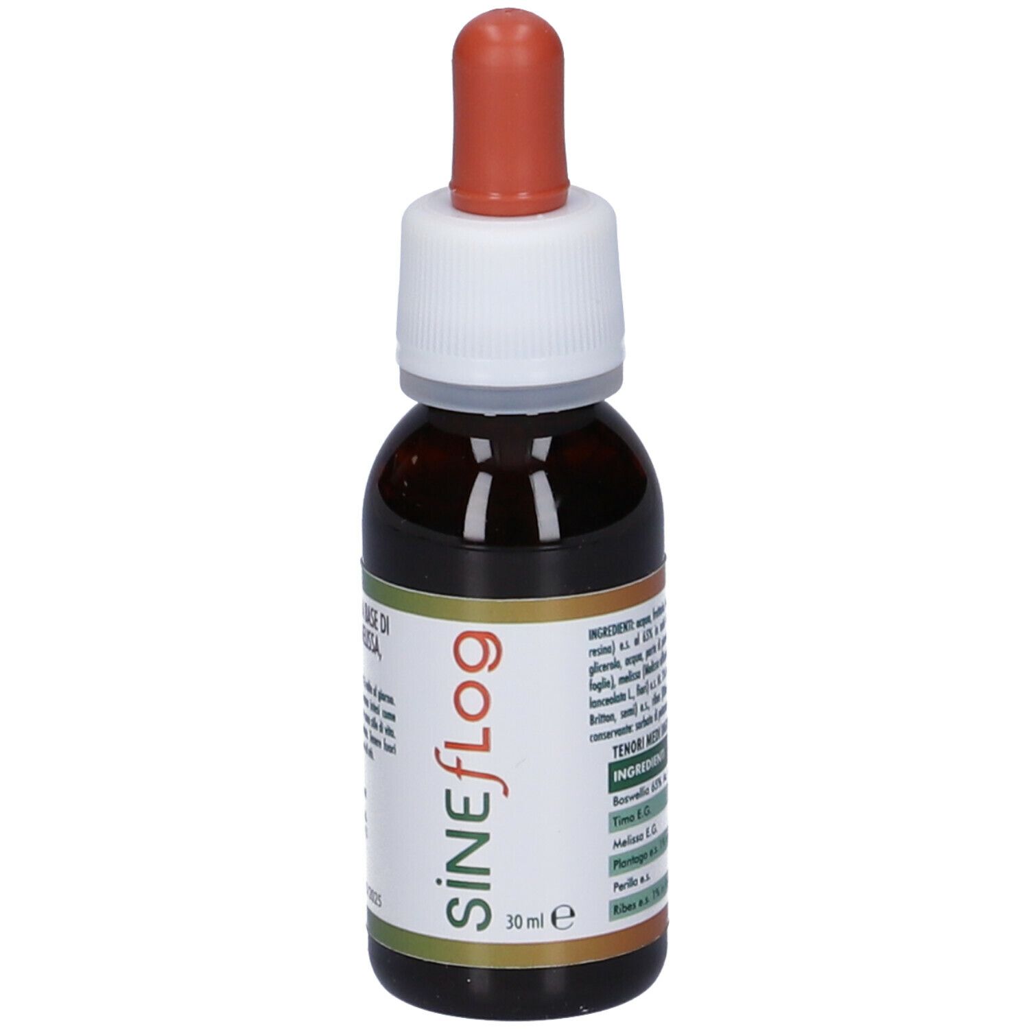 Flacone di vetro marrone con tappo bianco e contagocce rosso. Scritta Sineflog e 30 ml. Etichetta con ingredienti.