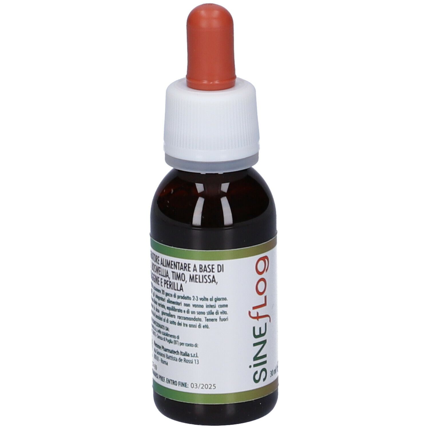 Flacone di vetro marrone con tappo bianco e contagocce rosso. Scritta Sineflog. Etichetta con ingredienti e data di scadenza.