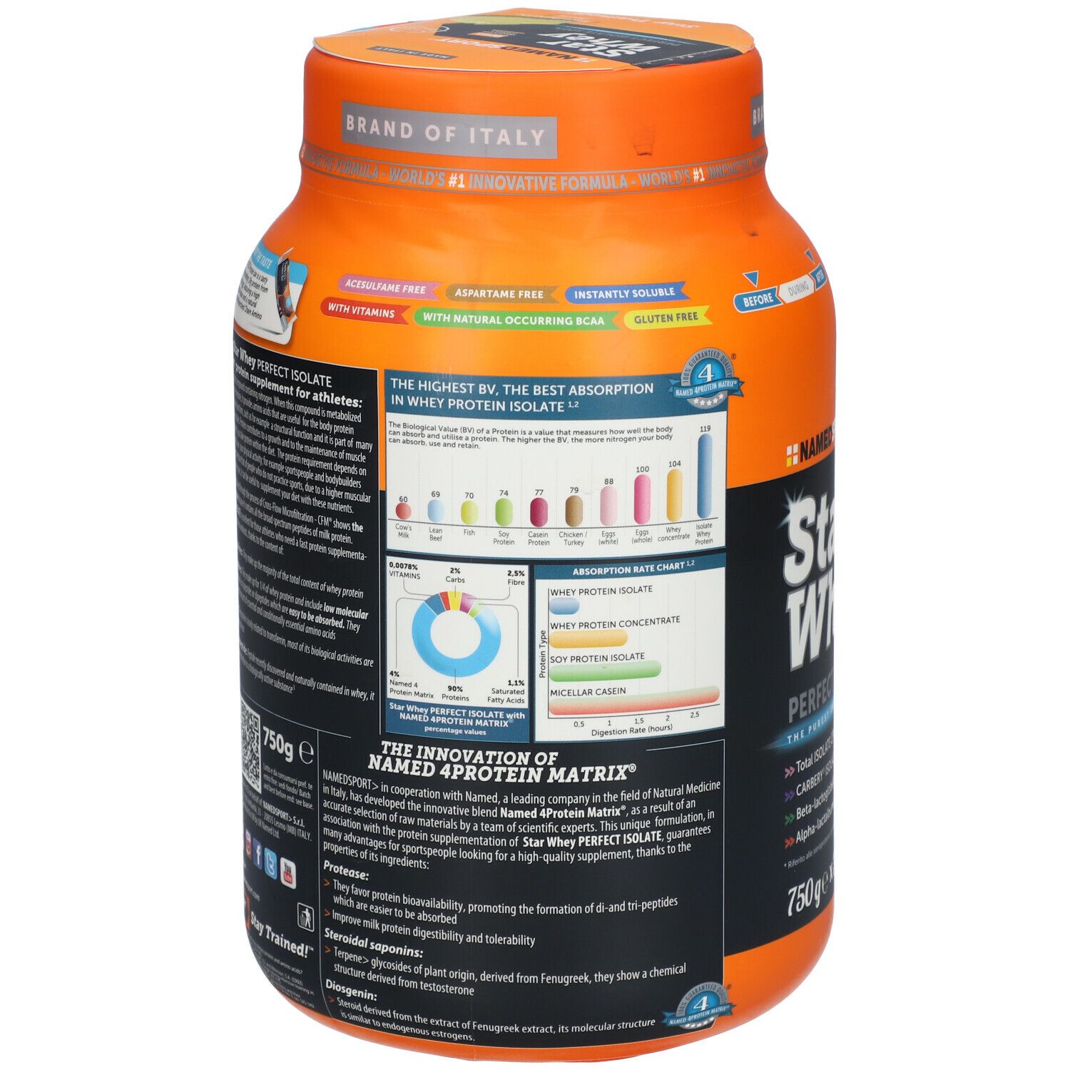 Retro del barattolo arancione NAMEDSPORT® Star Whey. Informazioni sugli ingredienti e valori nutrizionali. Senza glutine, senza aspartame, senza zuccheri aggiunti.