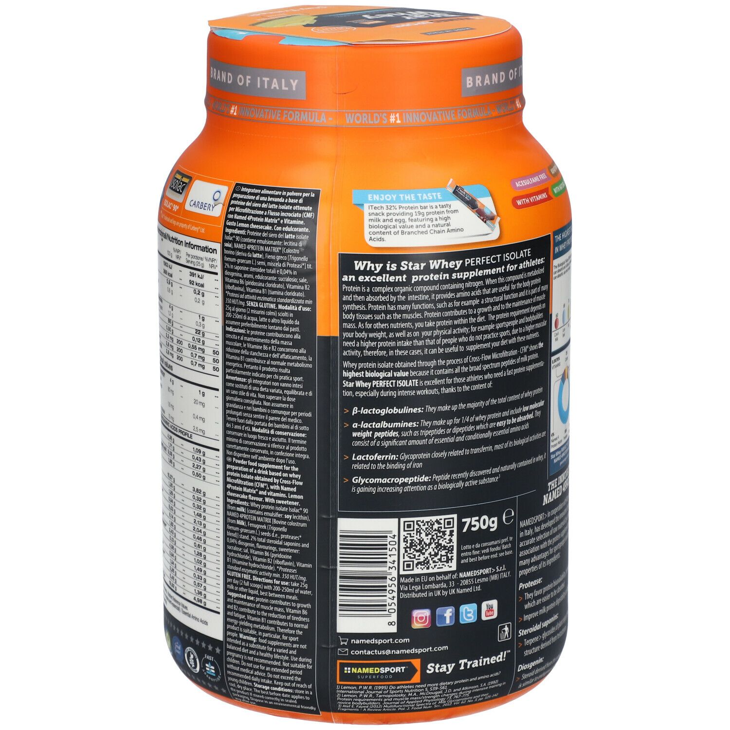 Retro del barattolo arancione NAMEDSPORT® Star Whey. Informazioni sugli ingredienti e valori nutrizionali. Codice QR e informazioni di contatto.