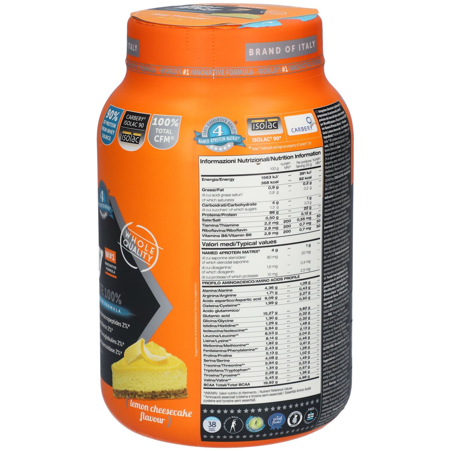Retro del barattolo arancione NAMEDSPORT® Star Whey. Informazioni sugli ingredienti e valori nutrizionali. Gusto cheesecake al limone.