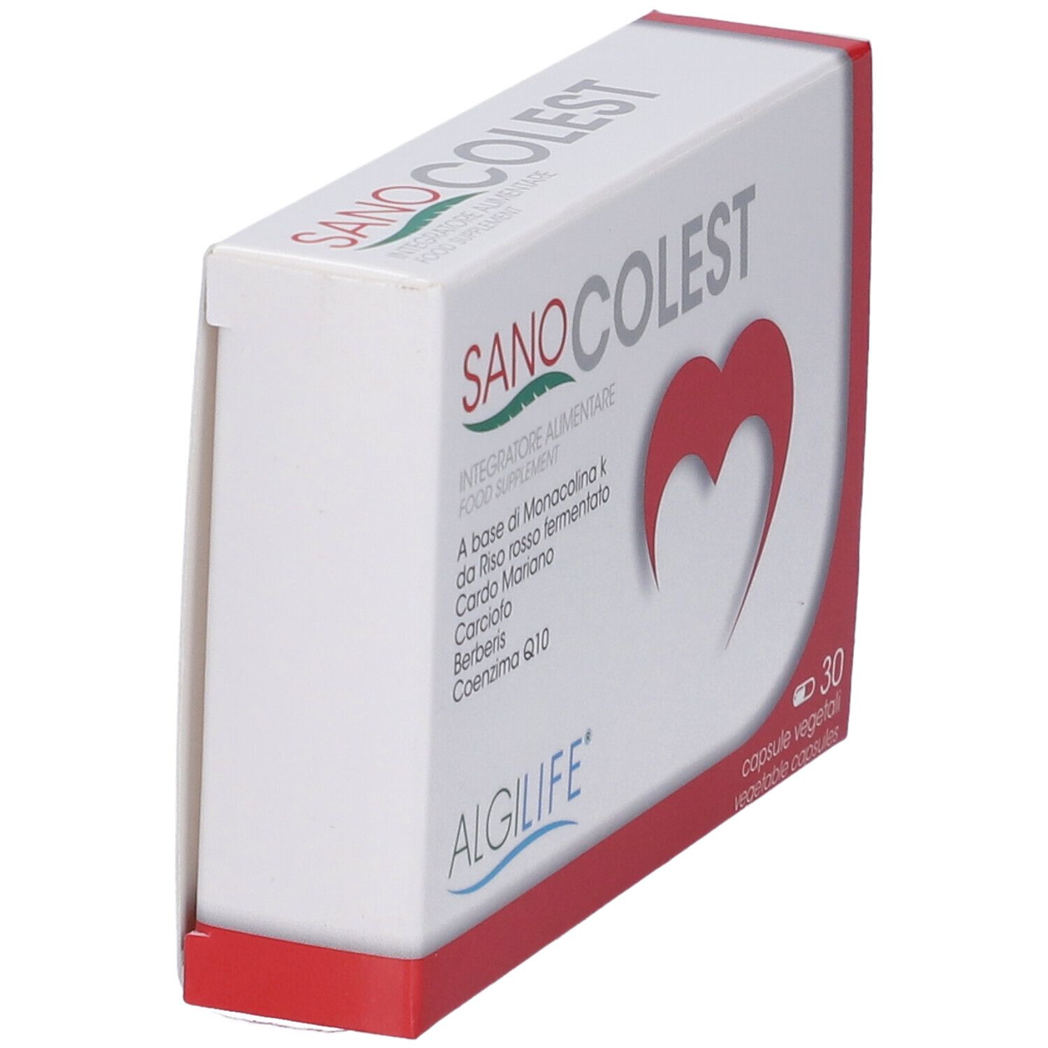 Scatola bianca inclinata con dettaglio rosso. Scritta SANOCOLEST, simbolo cuore rosso. Marchio: Algilife.