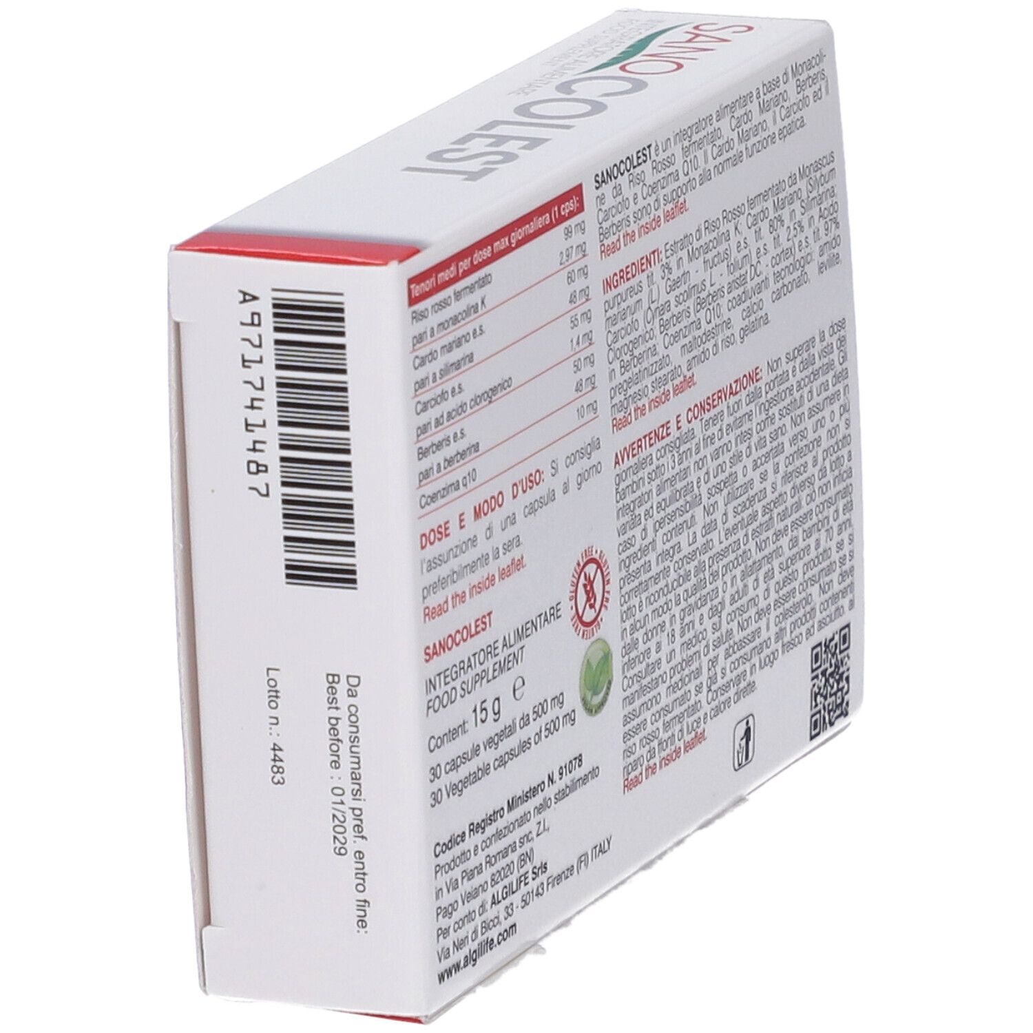 Scatola con testo. Scritta SANOCOLEST, ingredienti, dosaggio, scadenza. Marchio: Algilife. Con sigillo verde.