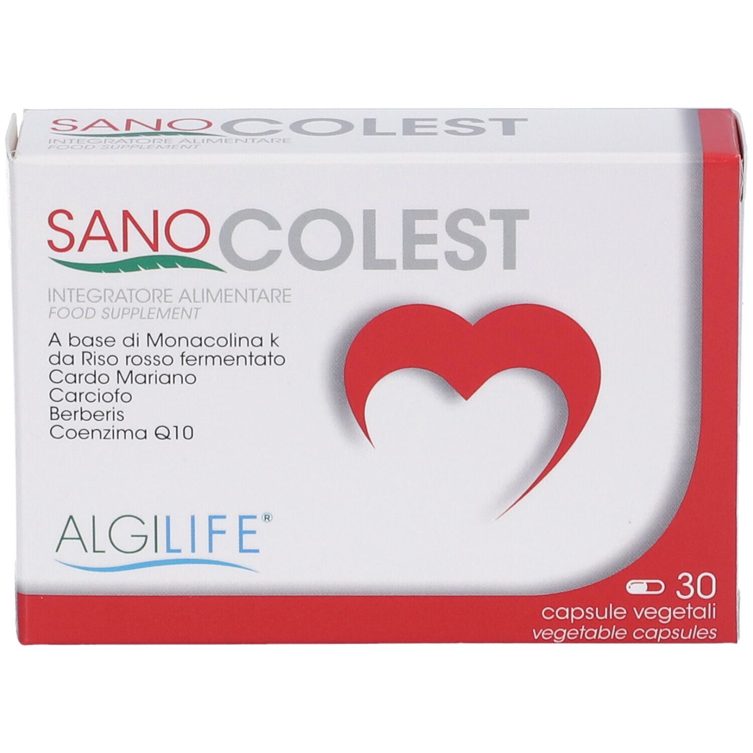 Scatola bianca con dettagli rossi. Scritta SANOCOLEST, simbolo cuore rosso, 30 capsule. Marchio: Algilife.