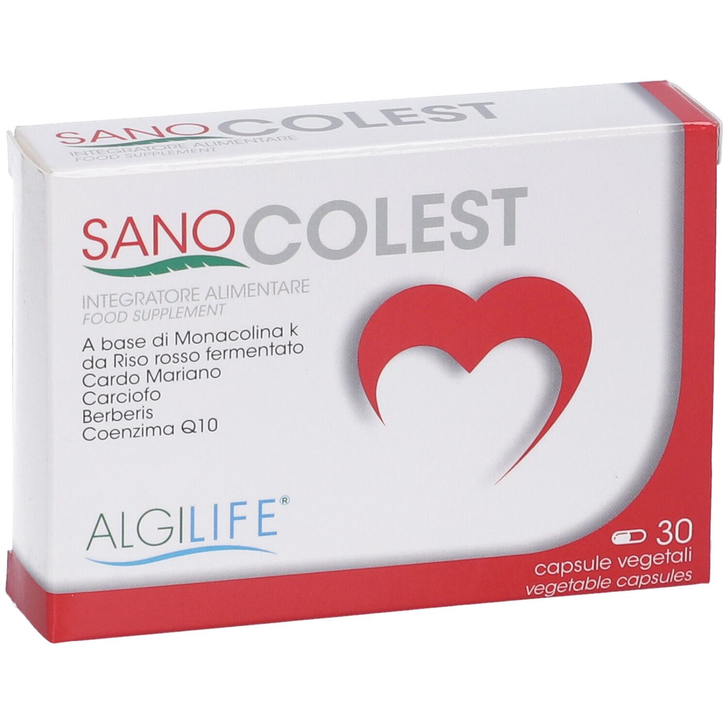 Scatola bianca con dettagli rossi. Scritta SANOCOLEST, simbolo cuore rosso, 30 capsule. Marchio: Algilife.