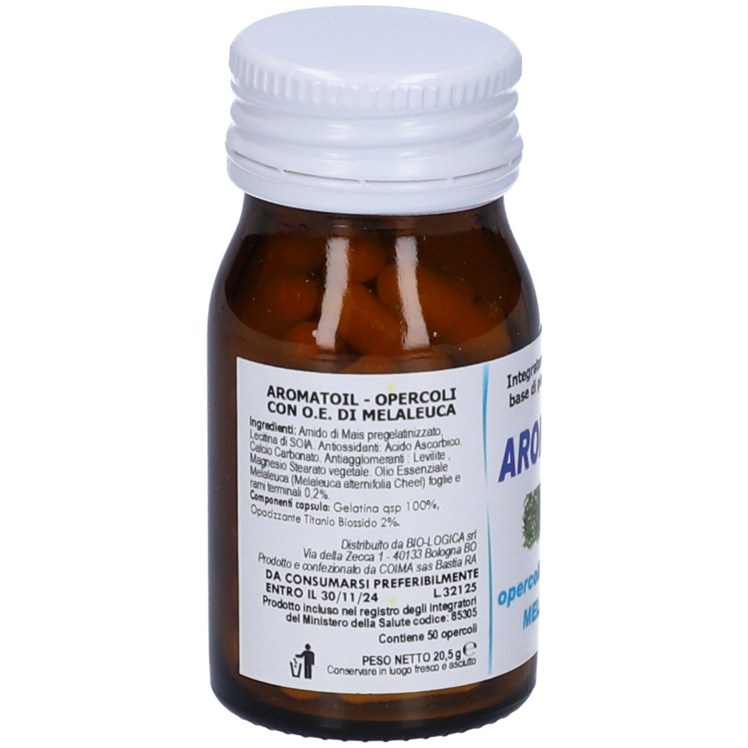 Flacone di vetro marrone con tappo bianco. Etichetta con ingredienti e "AROMATOIL".