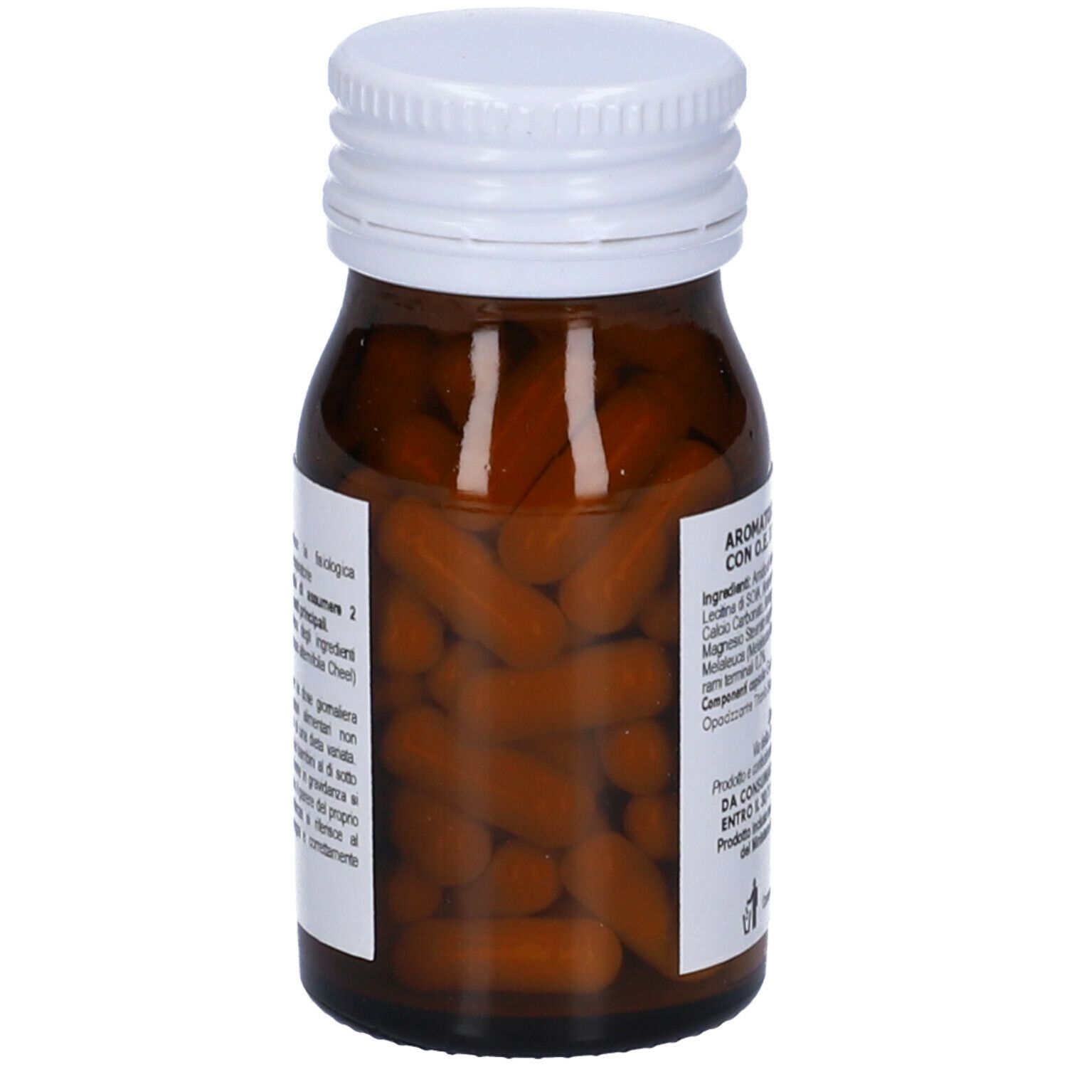 Flacone di vetro marrone con tappo bianco, pieno di capsule marroni.