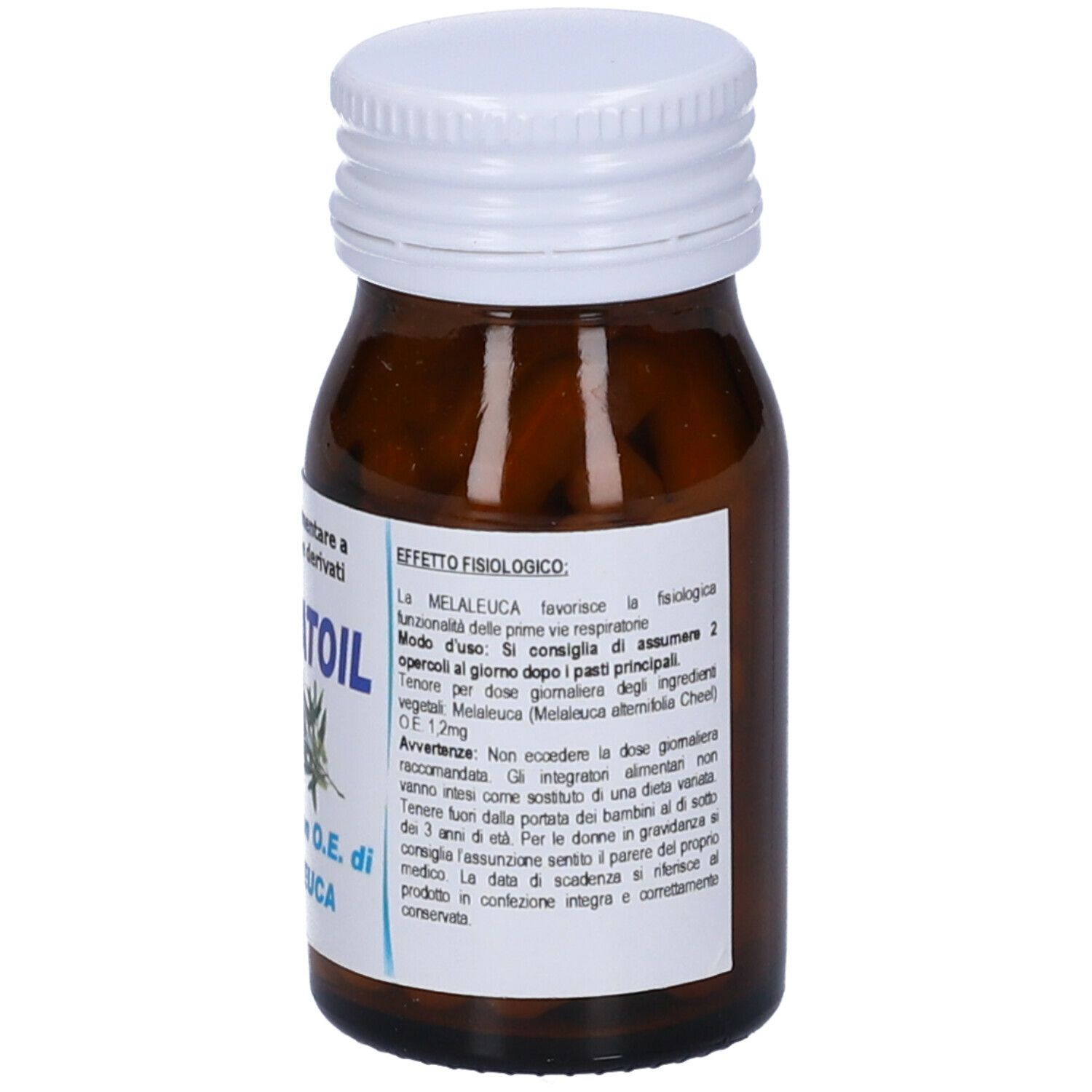 Flacone di vetro marrone con tappo bianco. Etichetta con informazioni su "AROMATOIL" e uso.