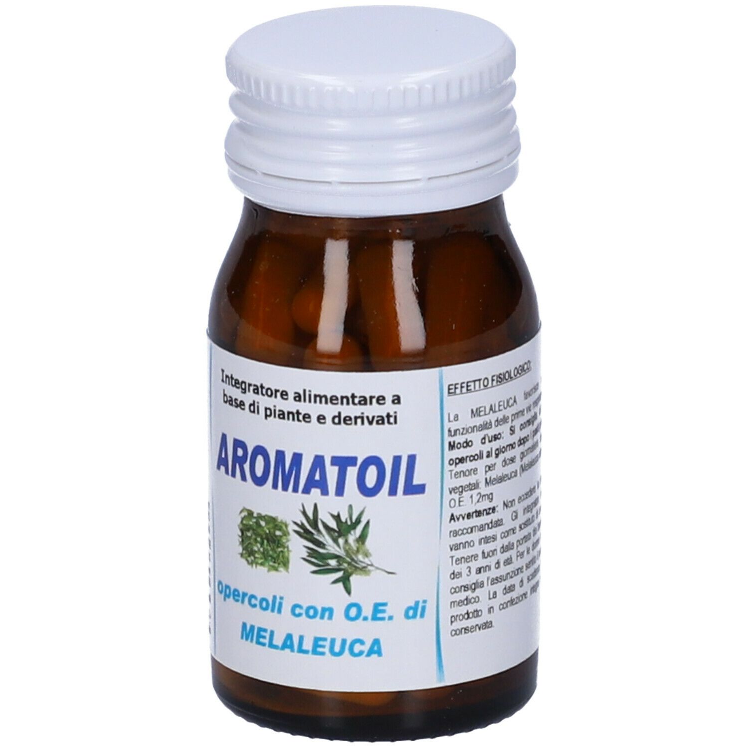 Flacone di vetro marrone con tappo bianco. Etichetta con "AROMATOIL" e "MELALEUCA".