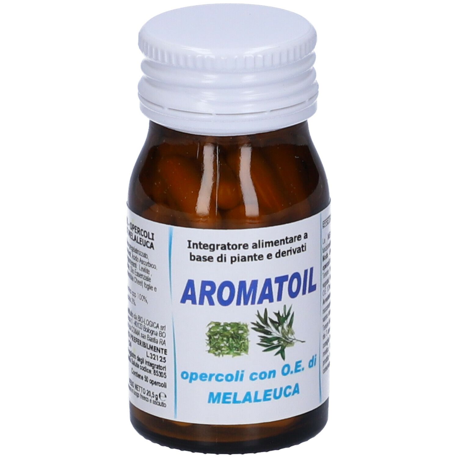 Flacone di vetro marrone con tappo bianco. Etichetta con "AROMATOIL" e "MELALEUCA".