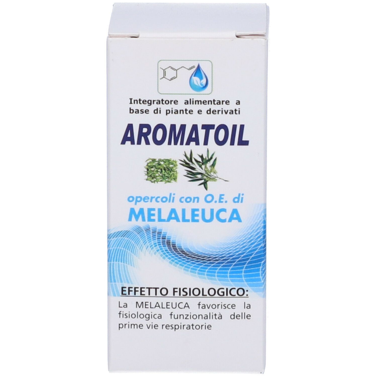 Confezione bianca con motivo a onde blu. Stampato "AROMATOIL" e "MELALEUCA".