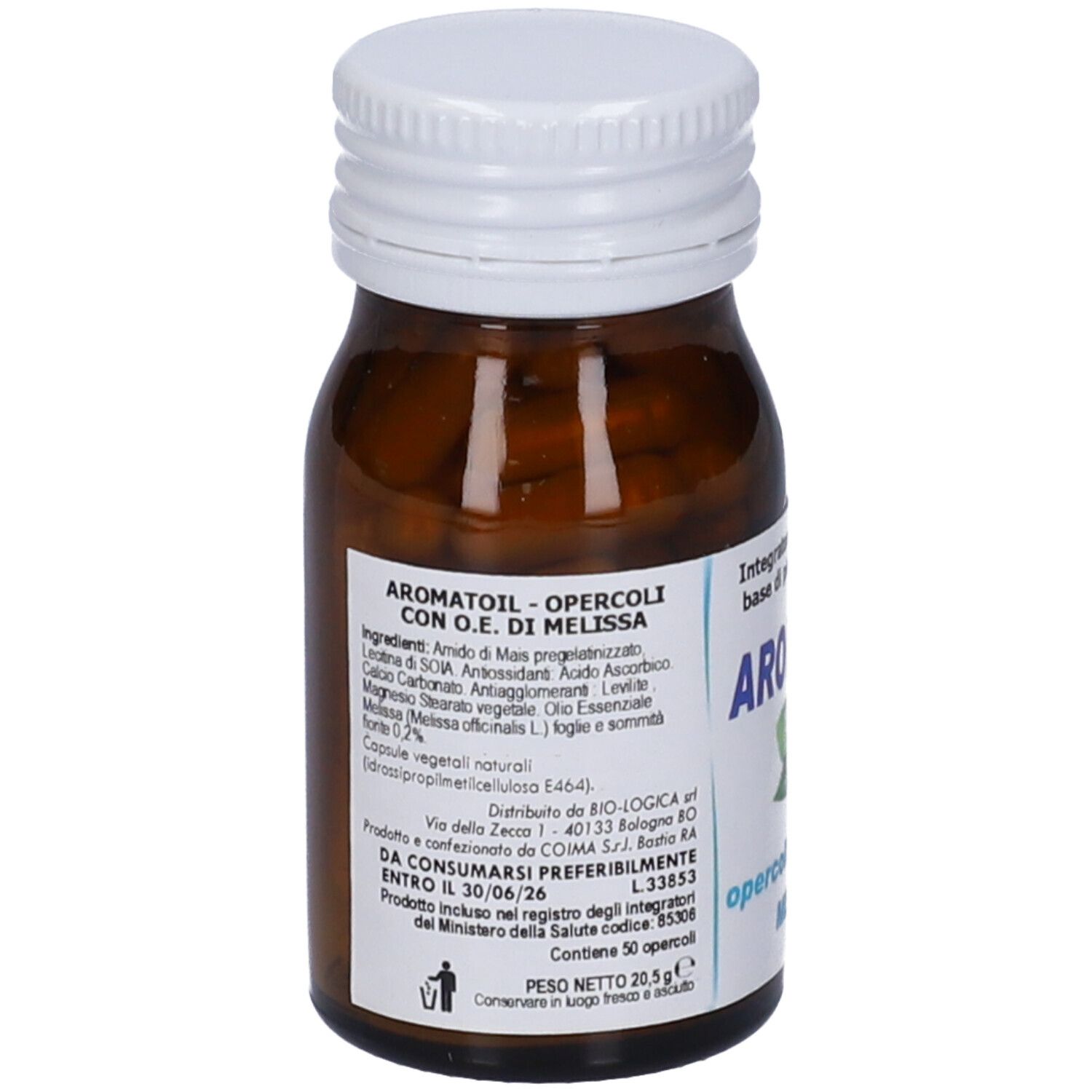 Vista posteriore di un flacone di vetro marrone con tappo bianco. Etichetta con ingredienti e informazioni.