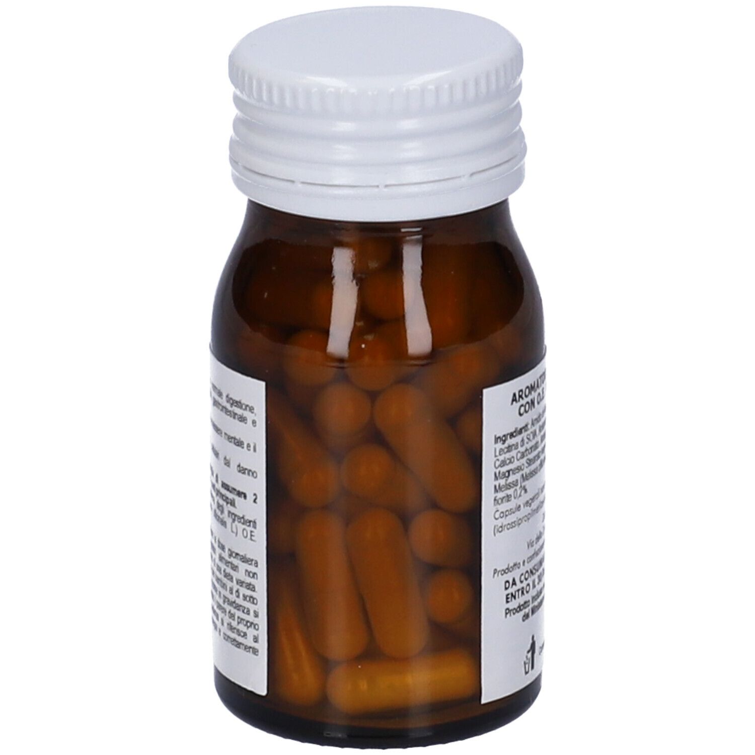 Flacone di vetro marrone con tappo bianco, pieno di capsule marroni. Capsule visibili.