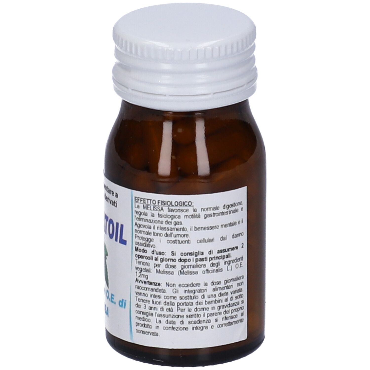 Flacone di vetro marrone con tappo bianco. Etichetta con informazioni sul prodotto e istruzioni per l'uso.