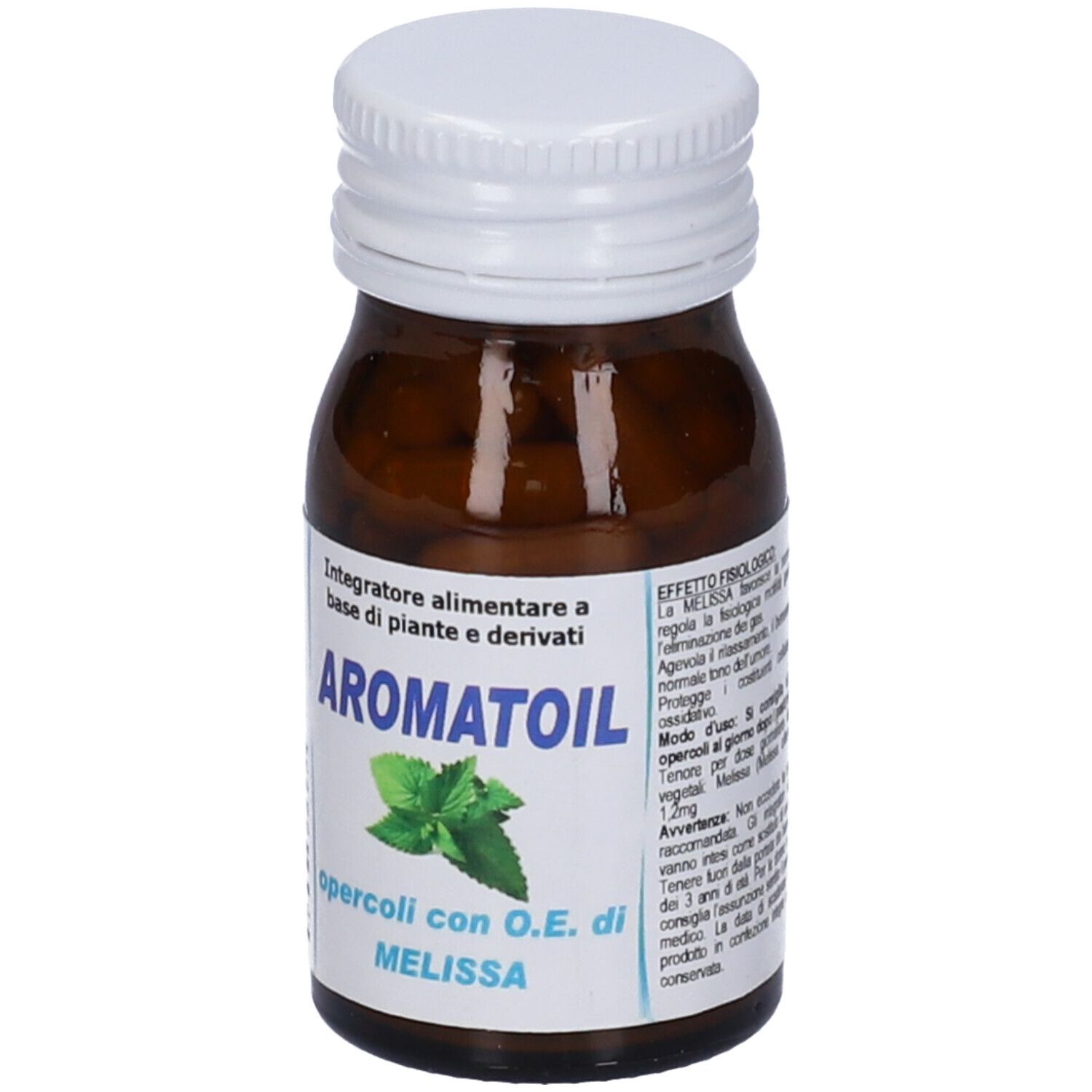 Flacone di vetro marrone con tappo bianco. Etichetta con il nome del prodotto "AROMATOIL" e "MELISSA".