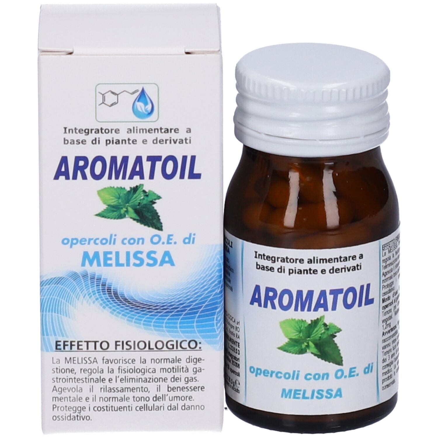 Flacone e confezione del prodotto. Flacone con tappo bianco, confezione con il nome del prodotto "AROMATOIL".