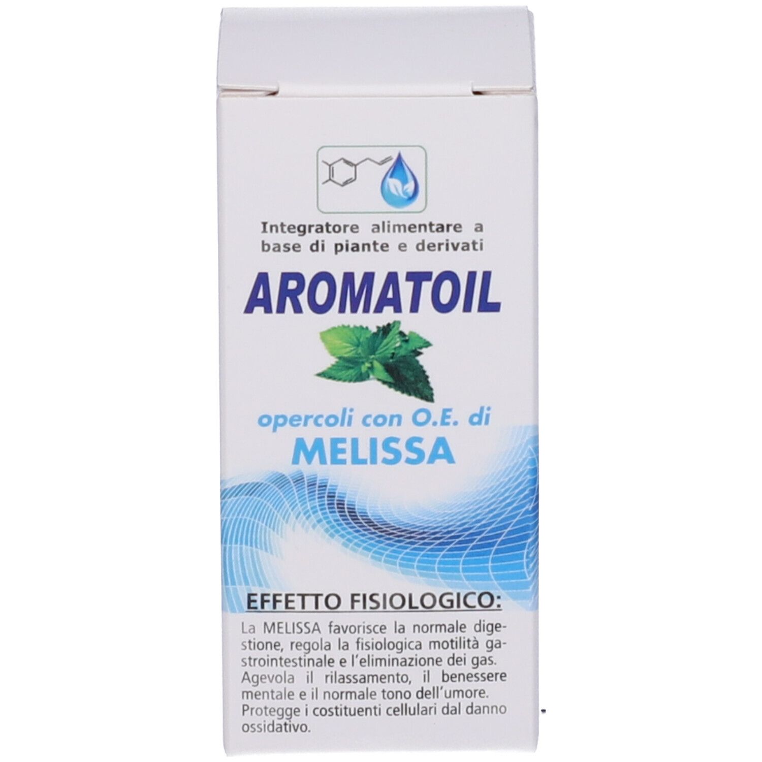 Confezione bianca del prodotto con il nome "AROMATOIL" e informazioni. Onde blu.