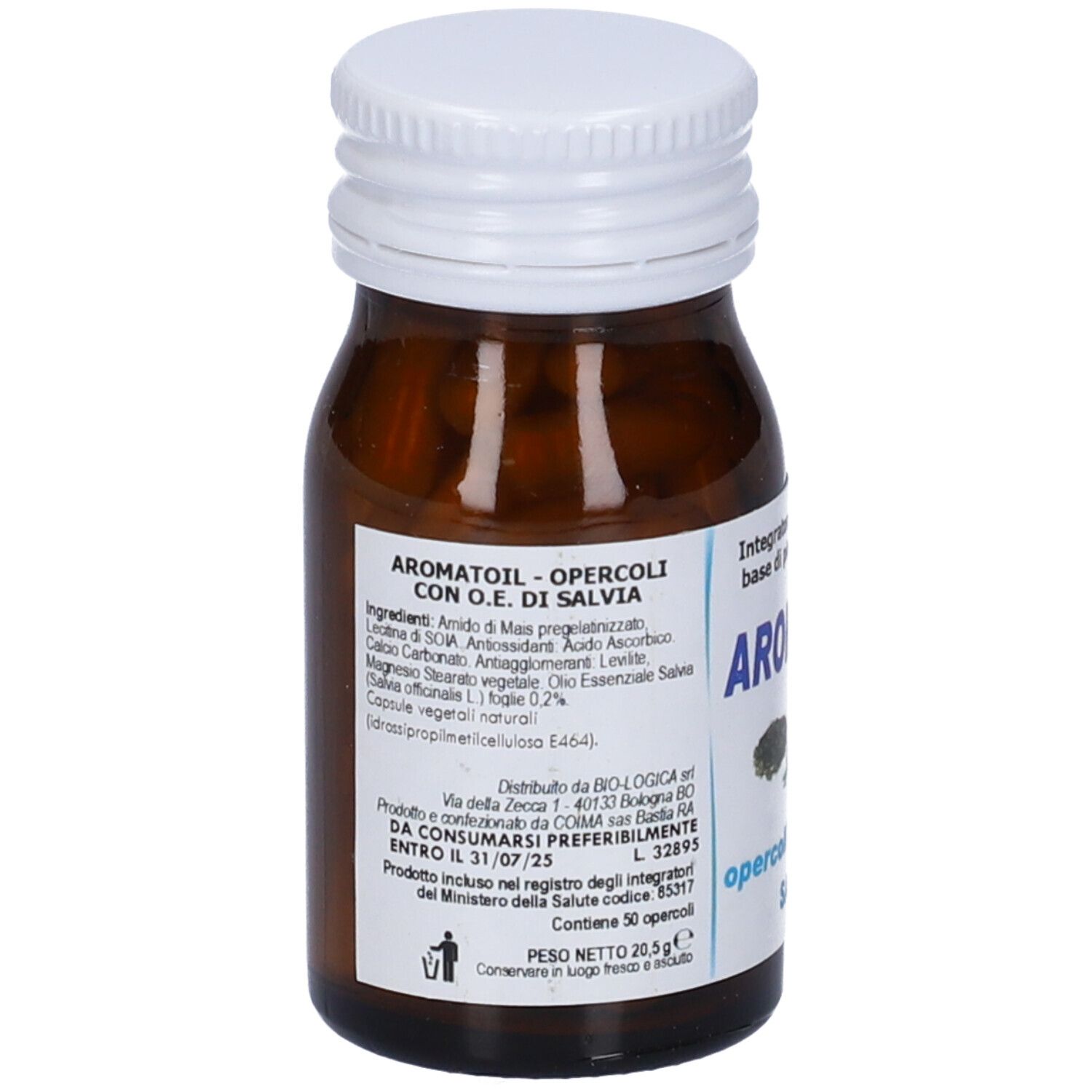 Flacone di vetro marrone con tappo bianco. Etichetta con elenco ingredienti e informazioni sul prodotto. Aromatoil Salvia.