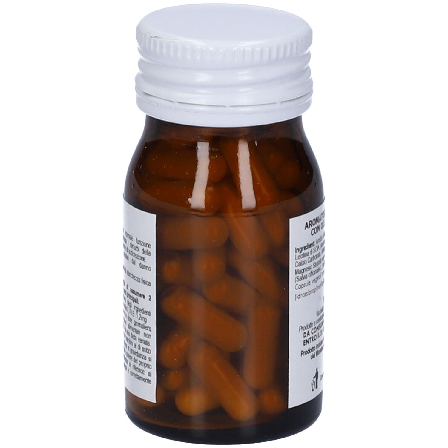 Flacone di vetro marrone con tappo bianco. Capsule visibili all'interno. Etichetta con informazioni sul prodotto.