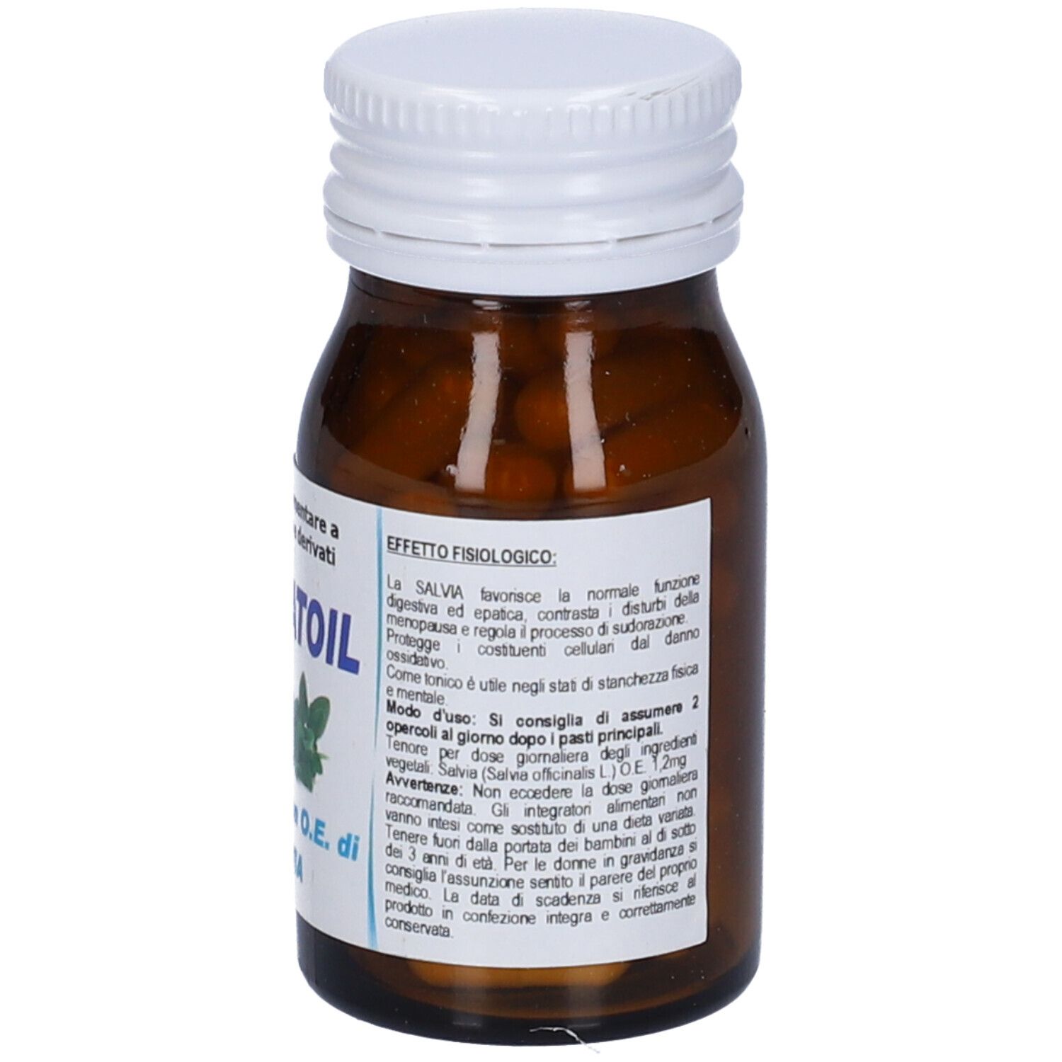 Flacone di vetro marrone con tappo bianco. Etichetta con informazioni sul prodotto e istruzioni per l'uso. Aromatoil Salvia.