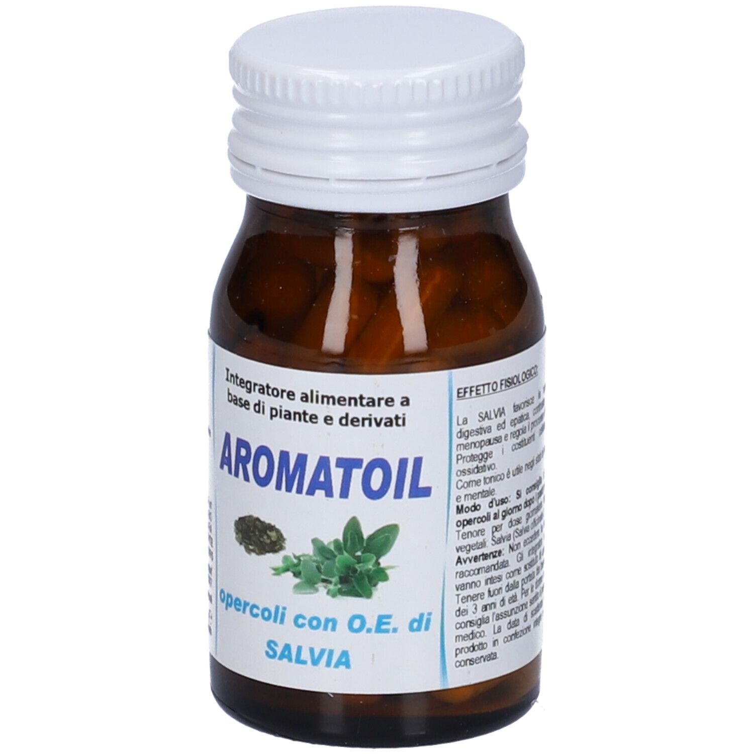 Flacone di vetro marrone con tappo bianco. Etichetta con nome prodotto Aromatoil Salvia e immagine di salvia. Capsule.