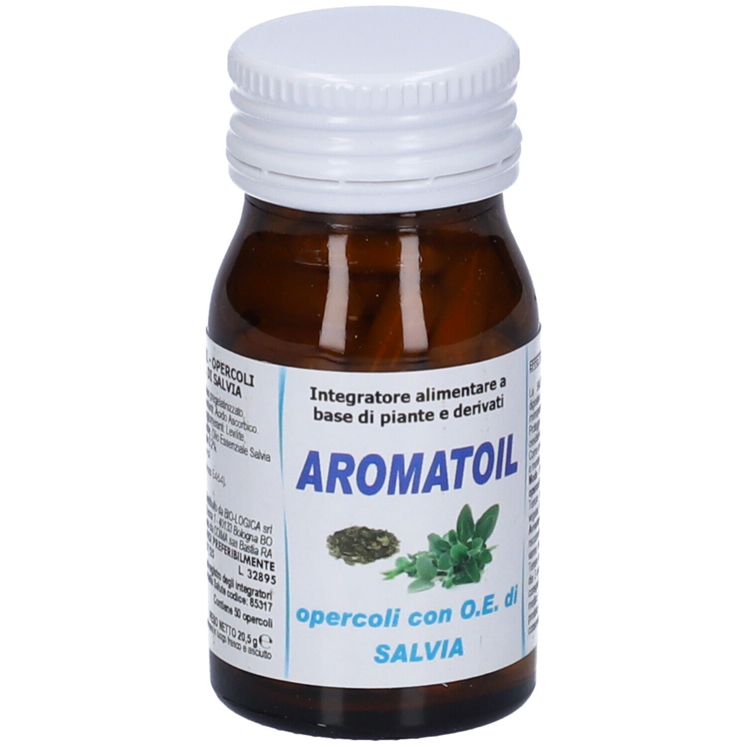 Flacone di vetro marrone con tappo bianco. Etichetta con nome prodotto Aromatoil Salvia e immagine di salvia. Capsule.