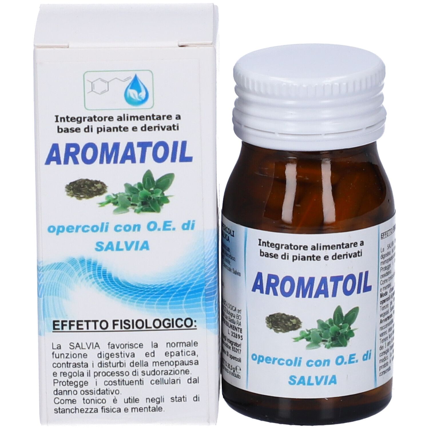 Flacone e scatola del prodotto. Aromatoil Salvia è scritto sulla scatola e sul flacone. Immagine di salvia.