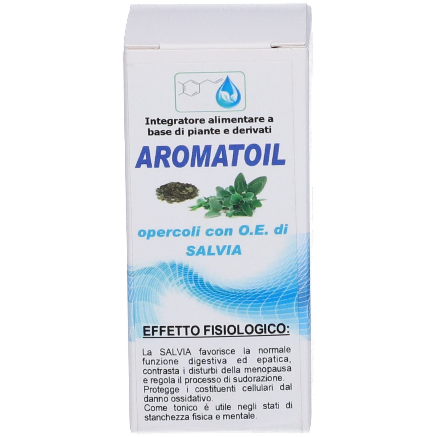 Scatola bianca con informazioni sul prodotto. Aromatoil Salvia è scritto sulla scatola. Immagine di salvia.