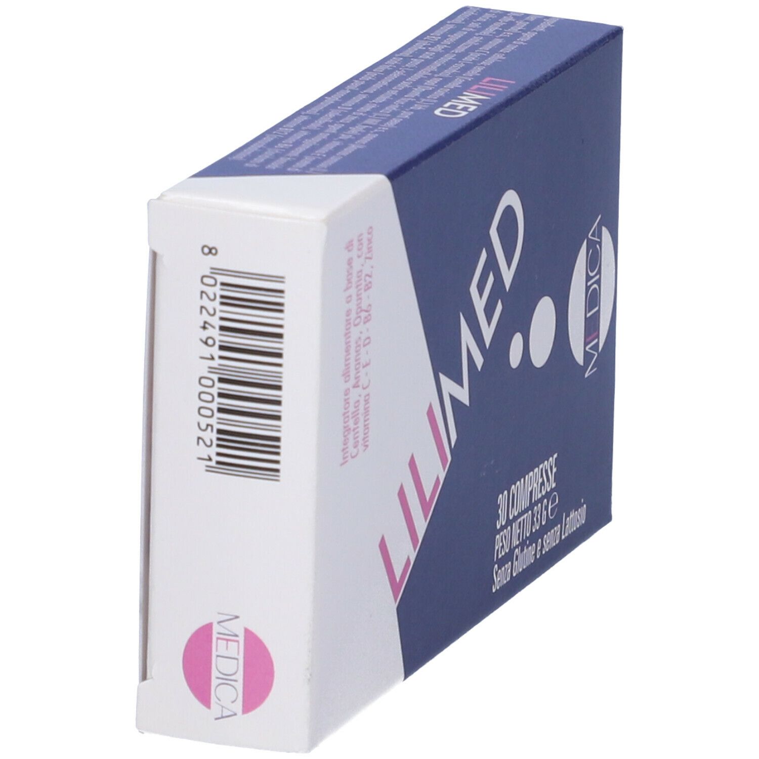 Scatola con scritta LILIMED e codice a barre. Logo MEDICA. 30 compresse, senza glutine e lattosio.