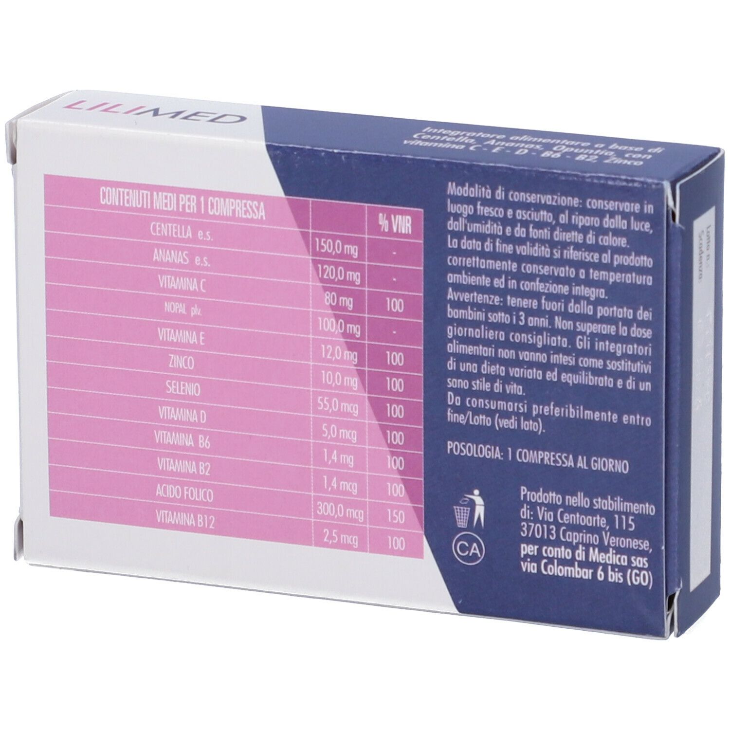 Retro della scatola con ingredienti e dosaggio. Logo MEDICA. 30 compresse, senza glutine e lattosio.