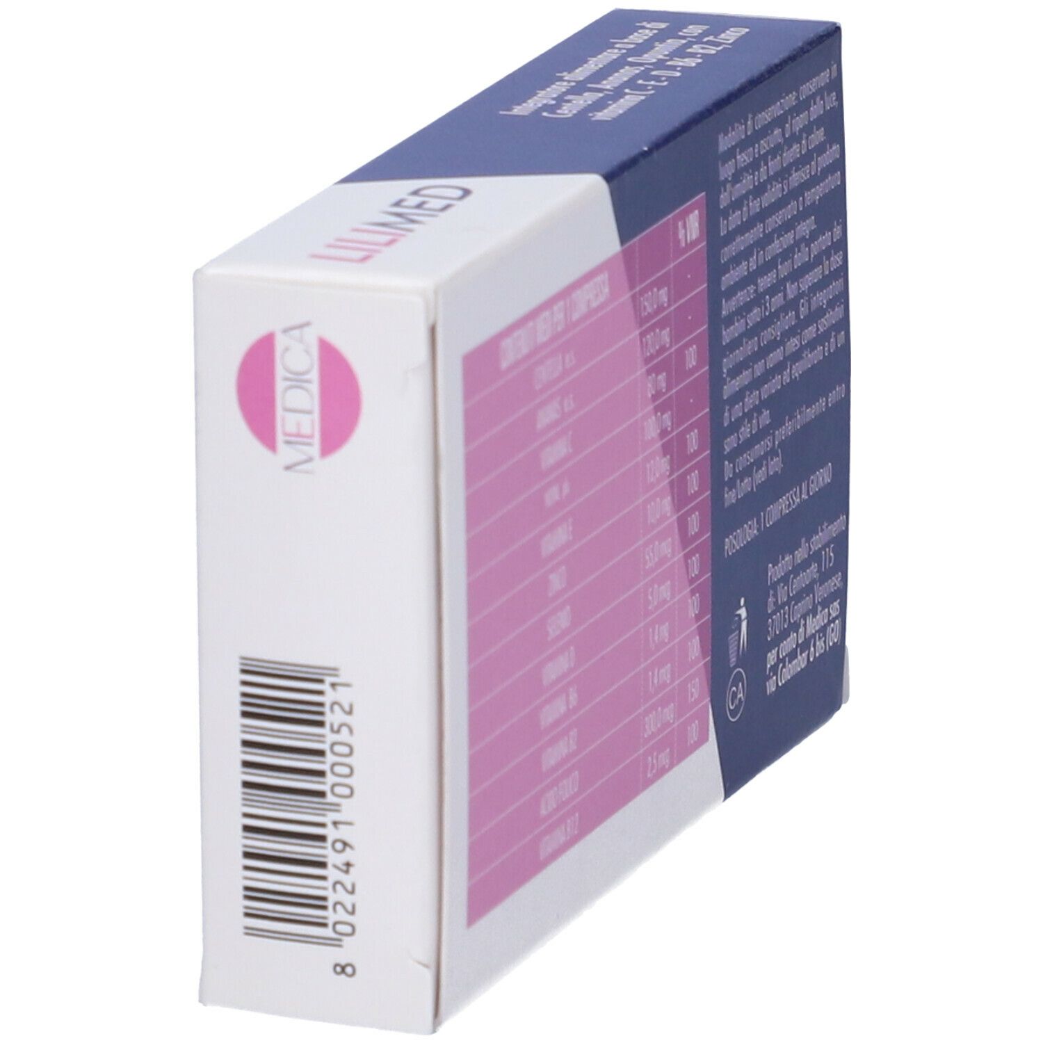 Scatola con ingredienti e dosaggio. Logo MEDICA. 30 compresse, senza glutine e lattosio.