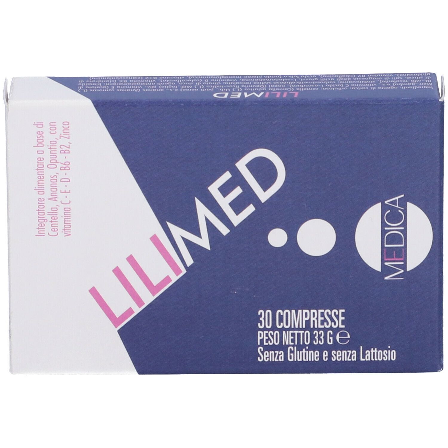 Scatola blu e bianca con scritta rosa LILIMED. 30 compresse, senza glutine e lattosio. Logo MEDICA.