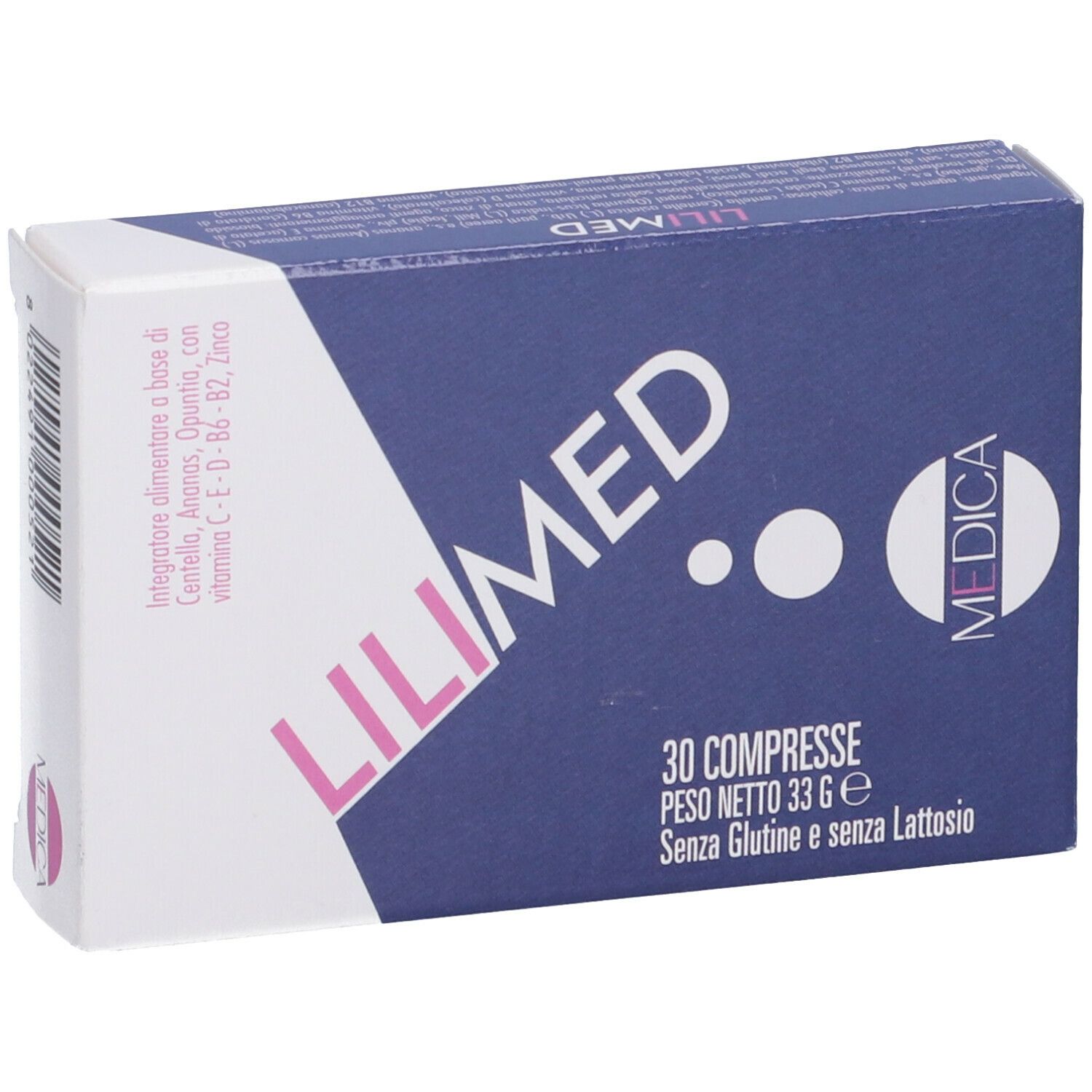 Scatola blu e bianca con scritta rosa LILIMED. 30 compresse, senza glutine e lattosio. Logo MEDICA.