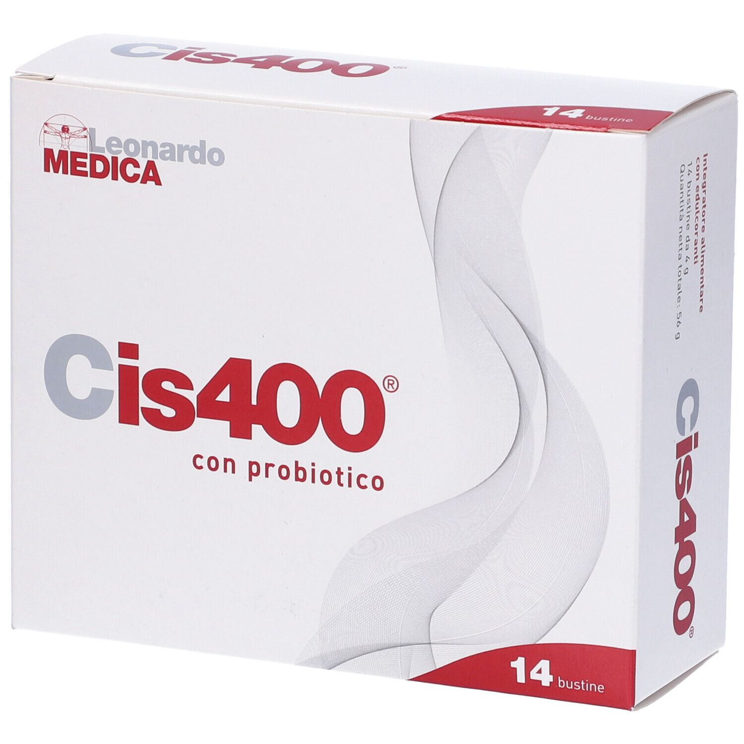 Scatola bianca Cis400 con logo e 14 bustine. Marchio Leonardo Medica. Con probiotico.