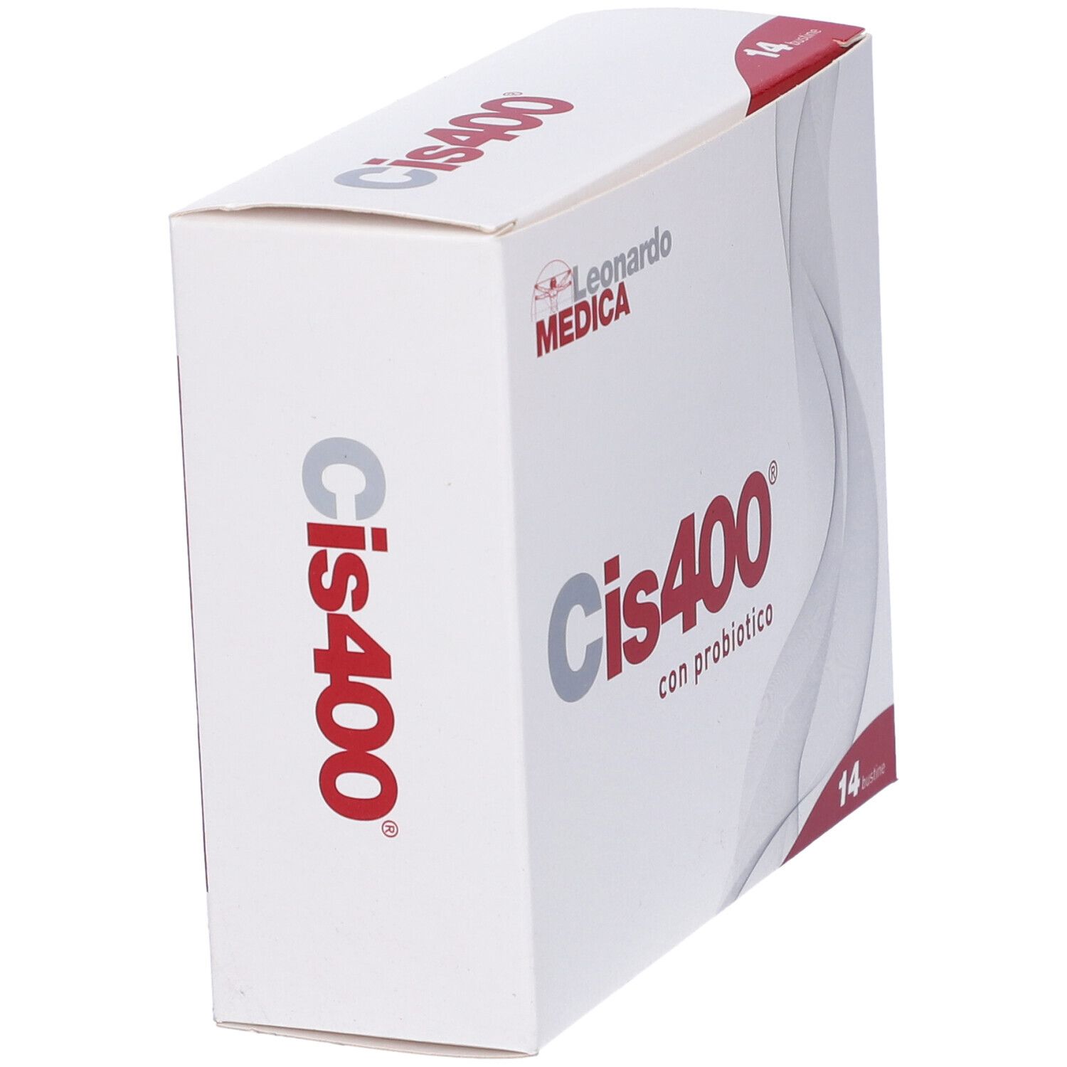 Scatola bianca Cis400 con logo e 14 bustine. Marchio Leonardo Medica. Con probiotico.