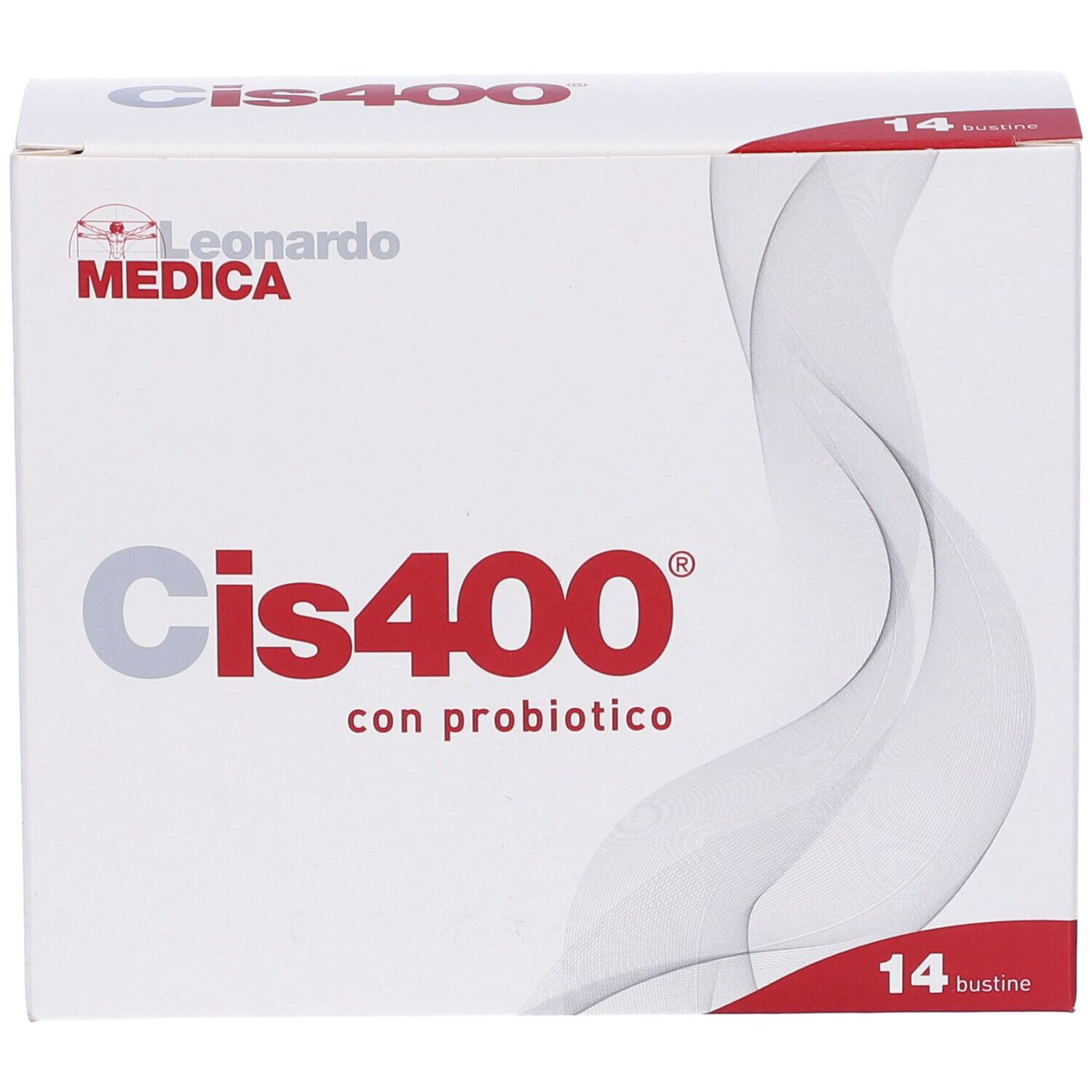 Scatola bianca Cis400 con logo e 14 bustine. Marchio Leonardo Medica. Con probiotico.