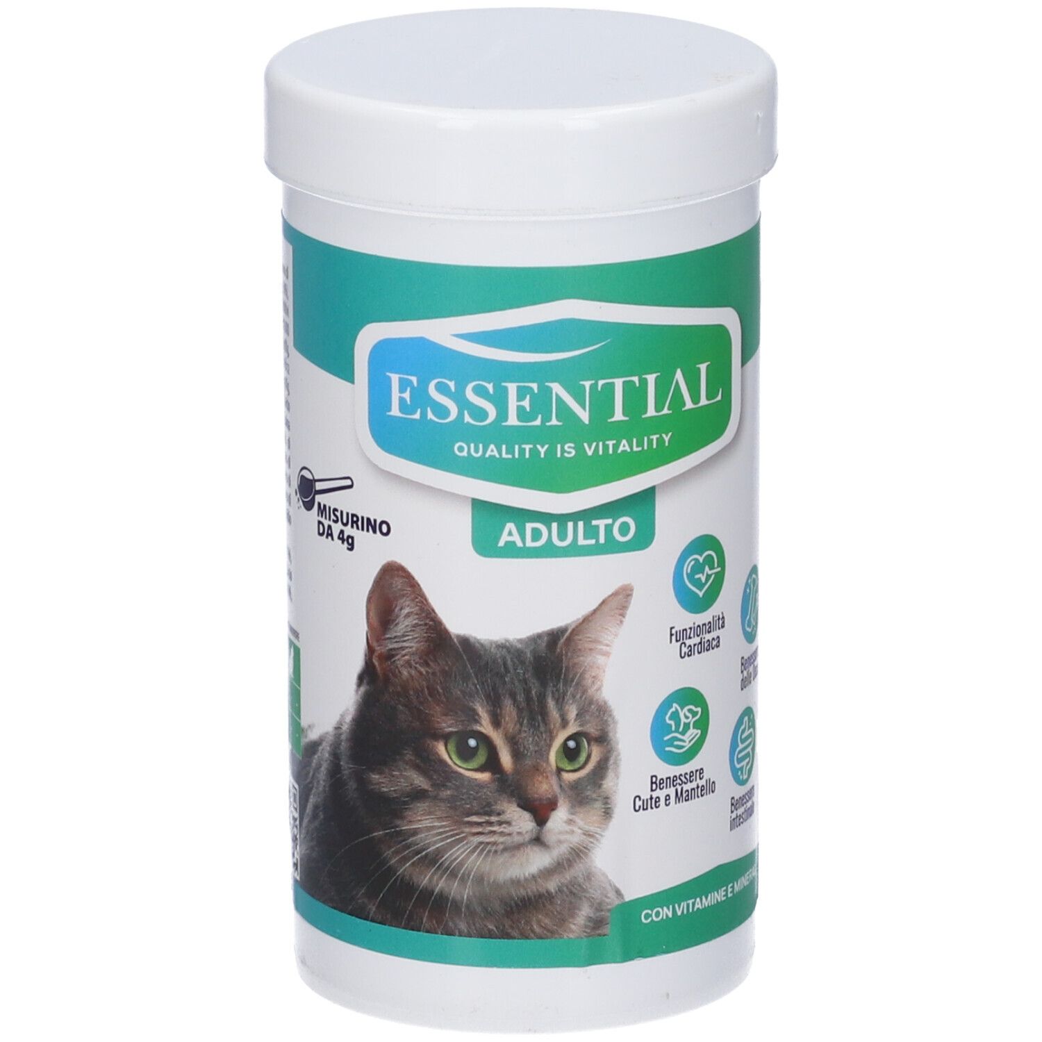 Barattolo bianco e verde di cibo per gatti. Scritta: ESSENTIAL, ADULTO. Immagine di un gatto. Contiene vitamine e minerali.