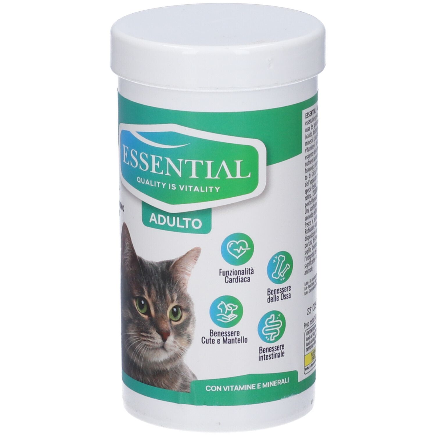 Barattolo bianco e verde di cibo per gatti. Scritta: ESSENTIAL, ADULTO. Immagine di un gatto. Contiene vitamine e minerali.