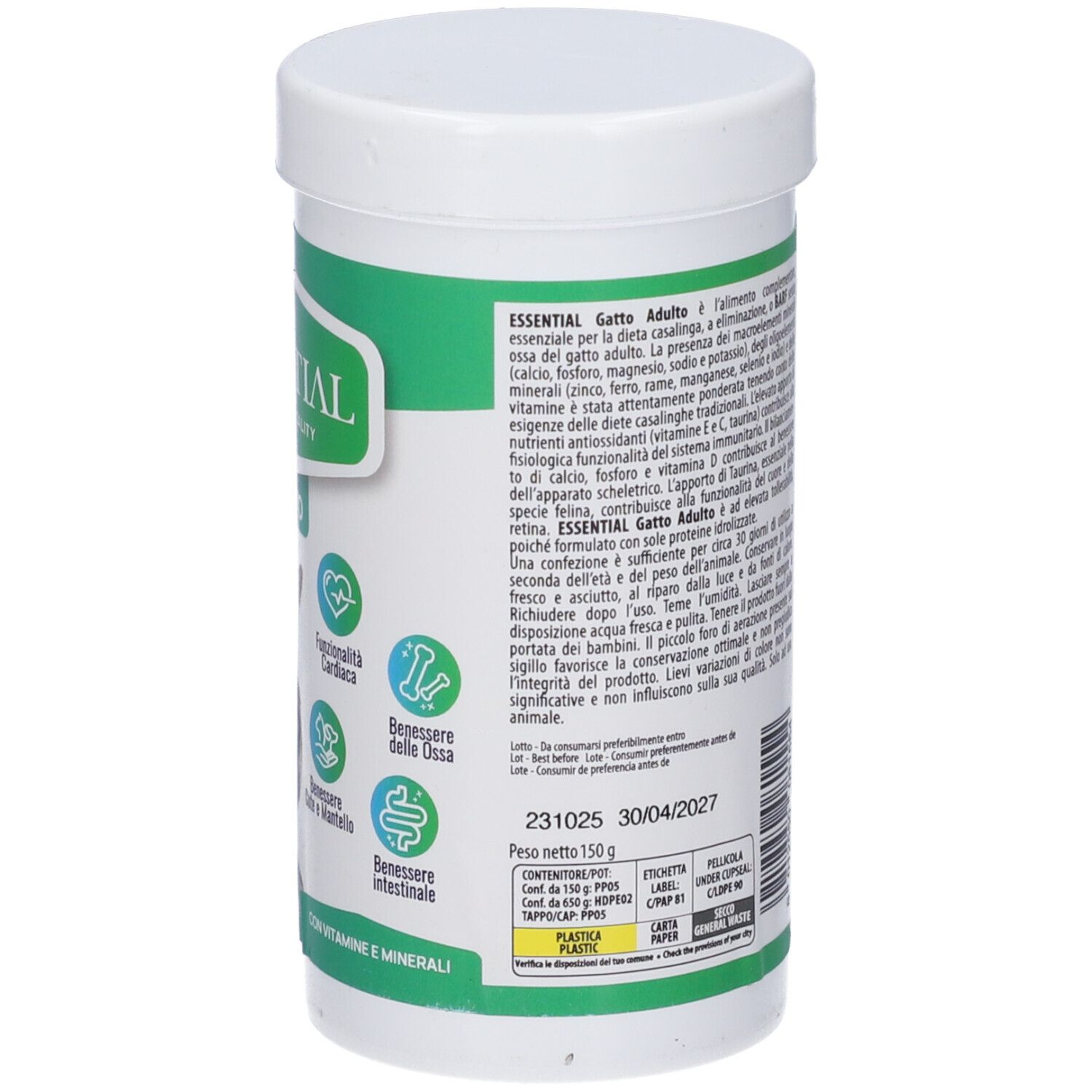 Retro del barattolo con testo. Contiene informazioni su ingredienti, peso e durata. Con logo.