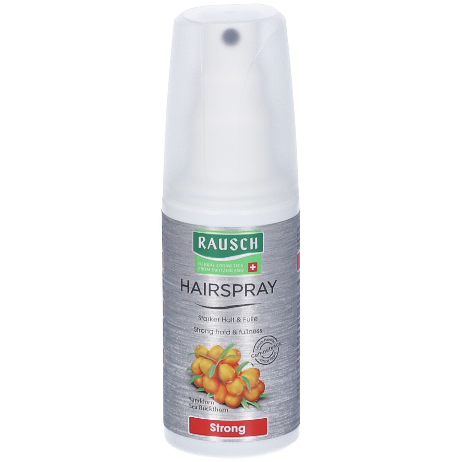 Flacone di lacca per capelli RAUSCH con vaporizzatore. Testo: Hairspray Strong, Olivello spinoso. Colori grigio e bianco.
