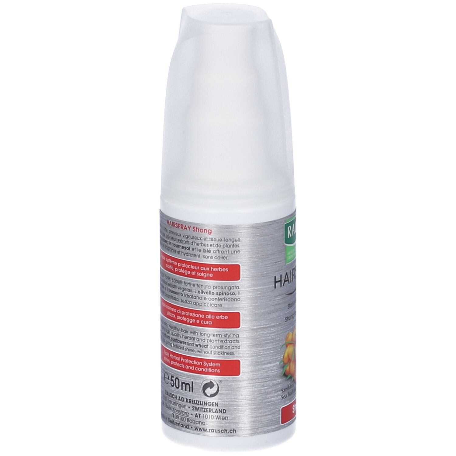 Retro del flacone di lacca. Testo: RAUSCH, Hairspray Strong, ingredienti, 50ml. Colori grigio e bianco.