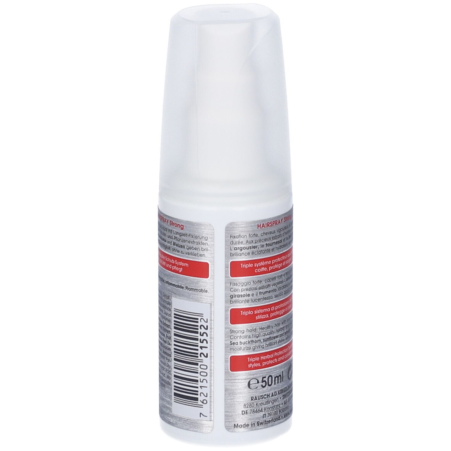 Retro del flacone di lacca. Testo: RAUSCH, Hairspray Strong, 50ml. Codice a barre. Colori grigio e bianco.